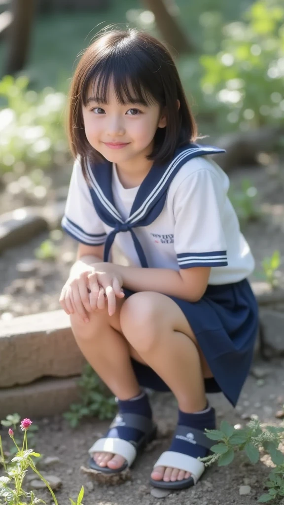 Japanese,10 years old,Innocent face,Teenage Girl,cute,Primary school students,Private elementary school,uniform,Summer clothes,Sitting