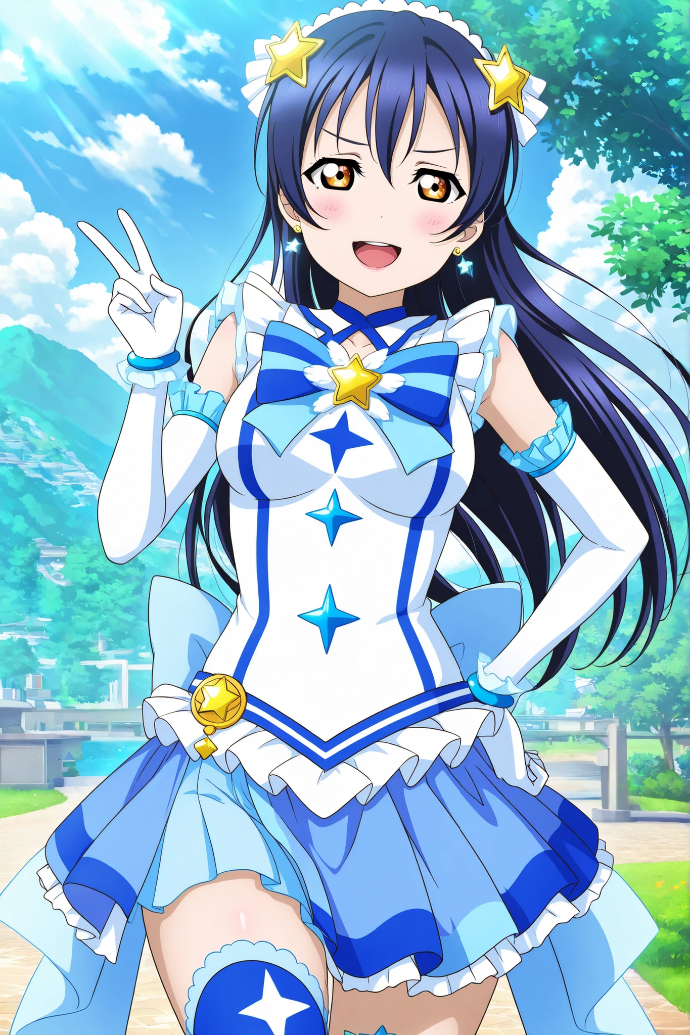 Love Live official artwork,professional art, front view,highres, hdr, glossy shiny skin, shiny silky hair, dynamic soft lighting ,detailed clothing, vibrant colors, Sonoda umi ,(white and blue magical girl clothes), magical girl ,star glasses, earrings, thighhighs,outdoors,day,blush,mini skirt, side slit , big Breasts ,open mouth , smile , hand on hip,v ,sheer skirt