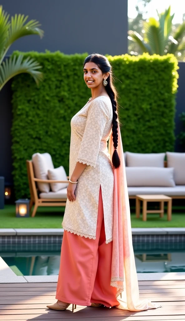 Sri lankan aunty 45 years old body figure fat hairbun wearing flower pattern tight long dress at garden
