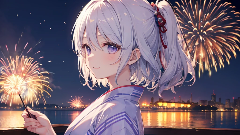 (Beautiful mature adult woman),(Flower Hair Ornaments,Floral braided top knot,Twisted Side Part Ponytail,Floral knit headband,Half Up、Floral braided space buns,Voluminous fishtail braid,Twisted pan,),(The bangs are see-through),Very delicate and beautiful hair,(((Accentuate your :1.3))),(Dynamic Angle),(Dynamic and pose),Laughter、Looking back wearing a floral yukata isolated on white background、night、Fireworks burst into flames with the riverbank as a backdrop、Cute round face,,(Tabletop,Highest quality,Ultra-high resolution output images,) ,(8K quality,),(SeaArt 2 Mode.1),(Picture Mode Ultra HD,)