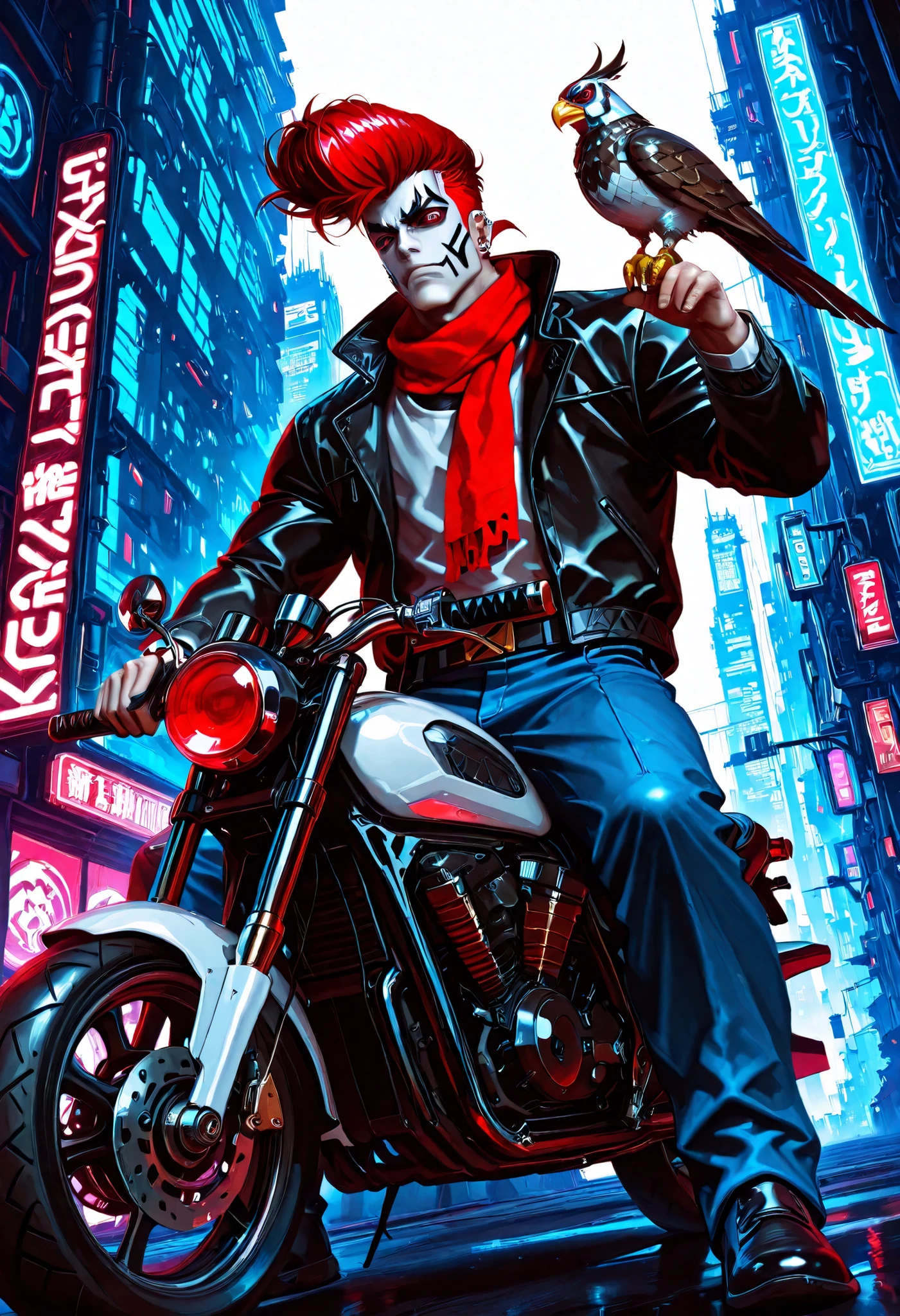 masterpiece, best quality, amazing quality, very awa, absurdres, newest, very aesthetic, 1boy, man, futuristic biker, (neon building backdrop, cyberpunk), falconer, cybernetic bird on hand, mechanical falcon, red eyes, red hair, ((pompadour hairstyle, extreme pompadour)), mechanical horns, oni horns, piercings, kabuki face paint, kumadori, facepaint, white face, patterned scarf, Professional realistic studio photography, UHD, Extremely Sharp Image, ROH, black jacket, white shirt, red scarf, blue jeans, katana, Japanese sword, motorcycle, complimentary colors, high contrast, dynamic angle