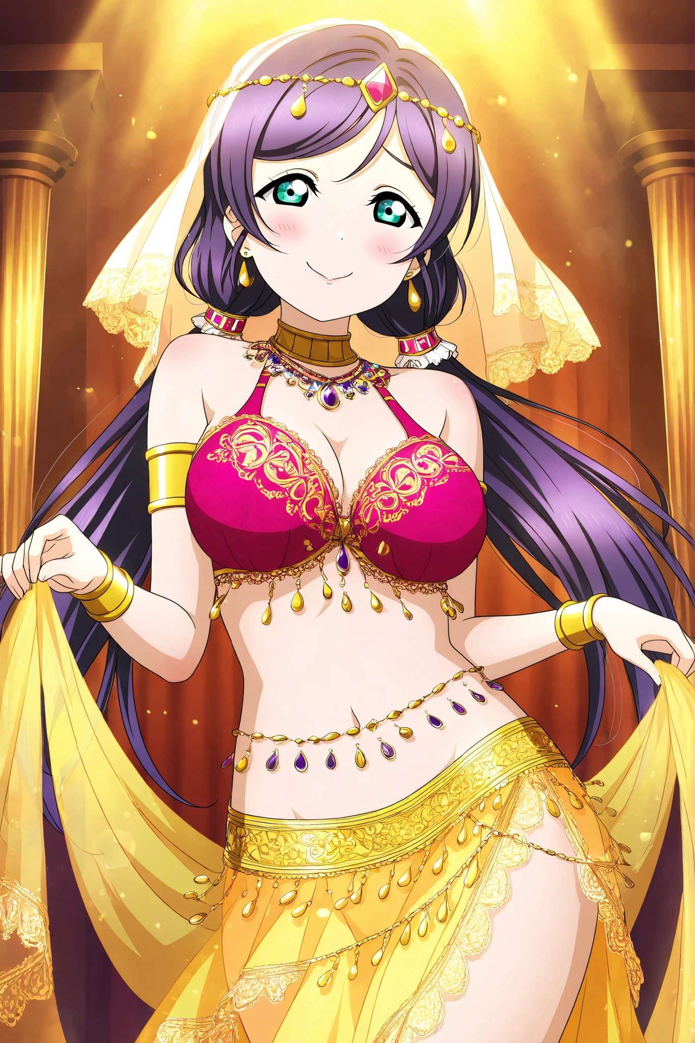 Love Live official artwork,professional art, highres, hdr, glossy shiny skin, shiny silky hair, soft lighting from right ,detailed clothing, vibrant colors, toujo nozomi,indoors, exotic setting, arabesque patterns, oriental dancer, belly dancer, shy pose, hiding, behind curtain, sheer curtain, translucent fabric, semi-transparent veil, draped fabric, golden curtain, silky texture, lace details, peeking, bashful expression, blushing, looking away, downcast eyes, coy smile, decorated hair, jeweled hair ornament, headpiece, diadem, veil on head, earrings, jewelry, necklace, choker, gemstone accessories, bare midriff, navel, belly chain, hip scarf, silk outfit, bra top, golden trim, decorated bra, armlets, bangles, bracelets, flowing skirt, translucent skirt, high slit skirt, elegant pose, graceful hands, delicate fingers, dim lighting, spotlight, warm colors, golden glow, mysterious atmosphere, alluring, shy beauty