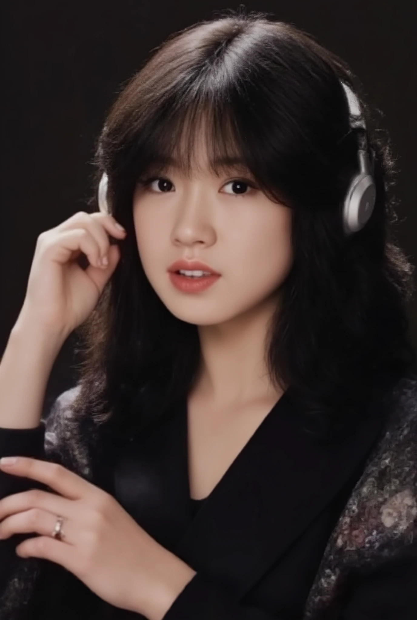 This is a live action image。Akina Nakamori、(((日本ese style headphones))),『1girl,,masterpiece, Super Detailed, Highest Quality, perfect face, Aesthetic Eyes , Detailed and Realistic Hair Textures,detailed face, Details Eyes 、delicate and fluffy texture, short, Trimming black hair、bob cut、perfect hair, (has a roomy bang), Brandt End,((quota)), I'm wearing a black kimono with floral embroidery。Tiny Proportions ,』、studio lighting, DSLR, soft sentences, high quality, film grain, reflection of light, my skin is white, Skin Pores , detailed skin, Beautiful Places , Japanese Singer(Akina Nakamori)An 18 year old female singer is recording。is wearing headphones and holding one headphone with her right hand、singing in front of stand microphone。Background:Recording Studio、