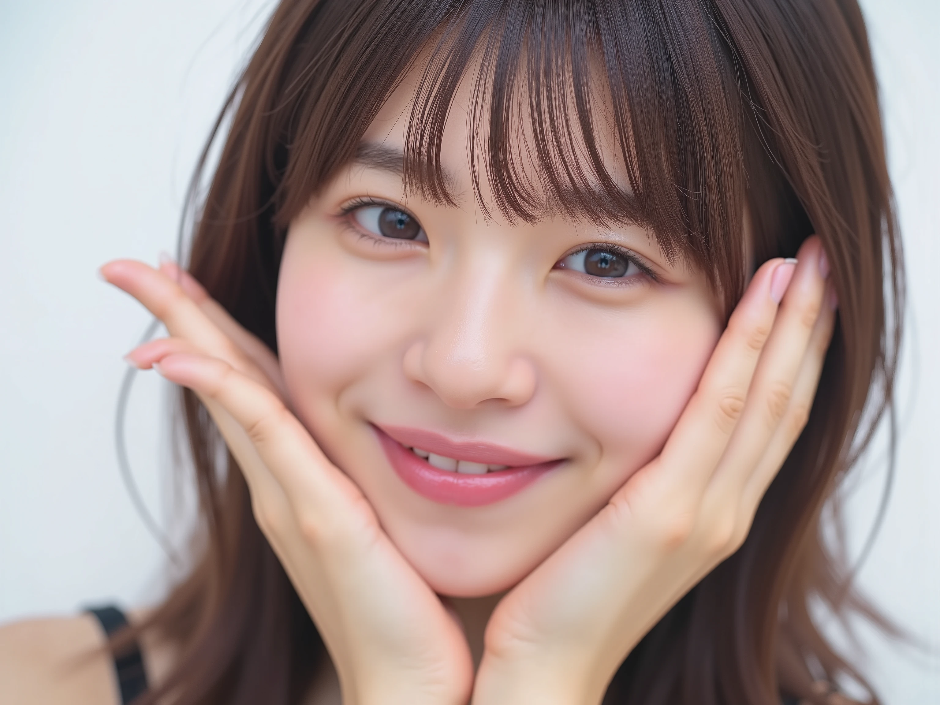 (Refined from an old photo, recreated in a modern, ultra high-quality photorealistic style, with a trendy Reiwa-era hairstyle: soft semi-long hair with natural waves and airy see-through bangs),
Ultra photorealistic close-up portrait of a beautiful Japanese woman,
upper-body shot, wearing a black outfit (completely out of frame, not visible),
shoulders and collarbone softly exposed,
both hands pressing her cheeks in a shy, lovestruck pose,
sparkling eyes gazing dreamily at the viewer with overwhelming affection,
cheeks blushing deeply with a sweet reddish glow,
soft glossy lips curved into a bright, full, lovestruck smile,
expression melting with love, playful, dreamy, adorably bashful,
purely cute and lovestruck, overflowing with affection and warmth,
realistic skin with detailed pores, subtle freckles, natural uneven tones,
tiny imperfections for realism, soft peach fuzz visible,
hair rendered with individual strands, slightly messy flow, natural matte shine,
soft diffused cinematic lighting, natural depth,
background pure white with gentle blur,
(masterpiece, best quality, high resolution, intimate romantic close-up, cinematic magazine cover style)