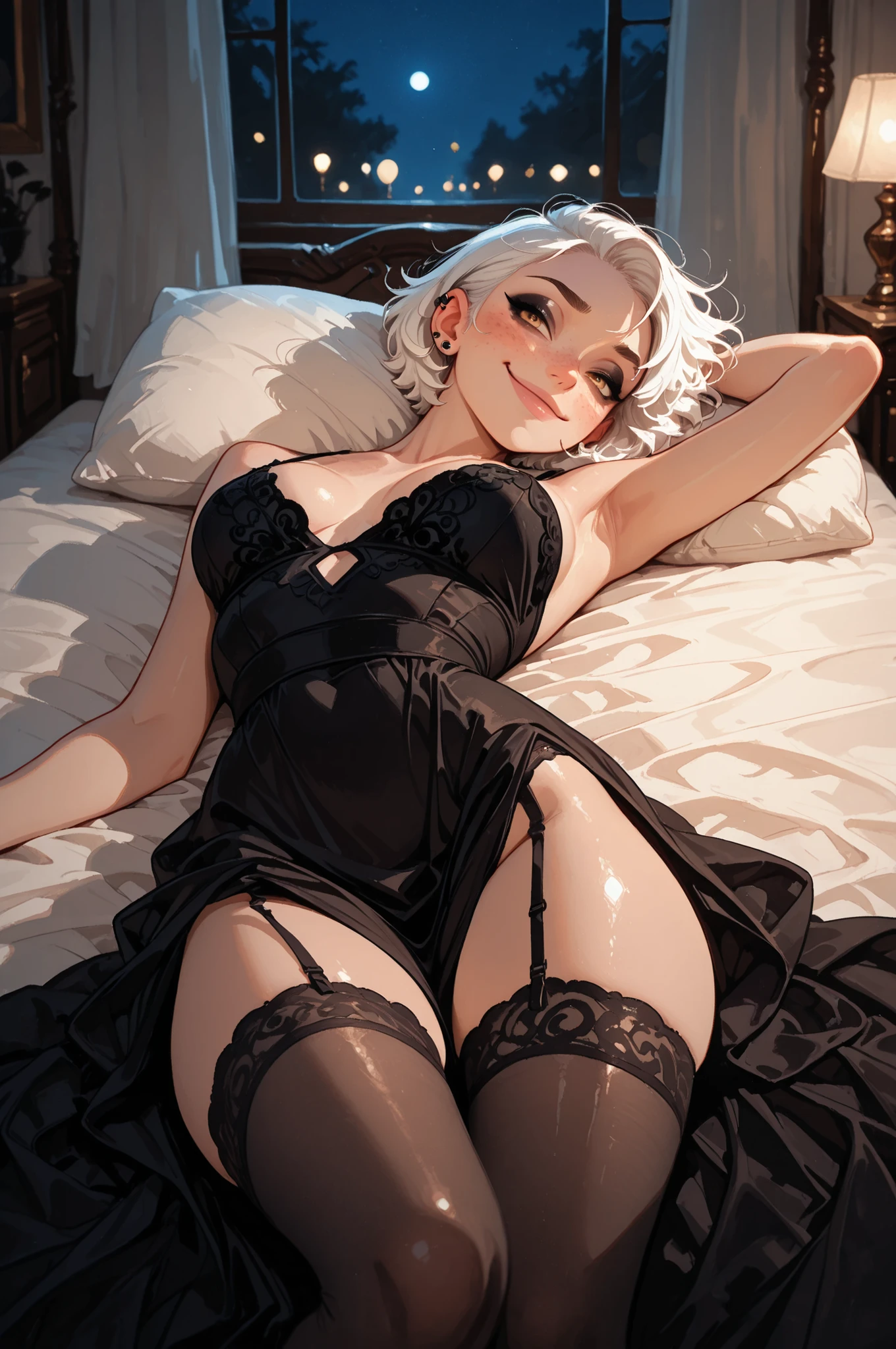 cartoon style, masterpiece, better quality, good quality, muy estético, absurdities, newest, 8K, focused subject , 1girl, Alone, white hair , short white hair , short hair, wavy lower part of the hair , very short hair on one side, freckles on the face , very bright golden eyes, gothic makeup, ear piercings , medium breasts, perfect anatomy, Smug face, party dress, elegant dress, dress with wide neckline, long dress with cut in the leg, lingerie stockings, Very close view , white room, on her back, head turned, dynamic posture, night, Night light