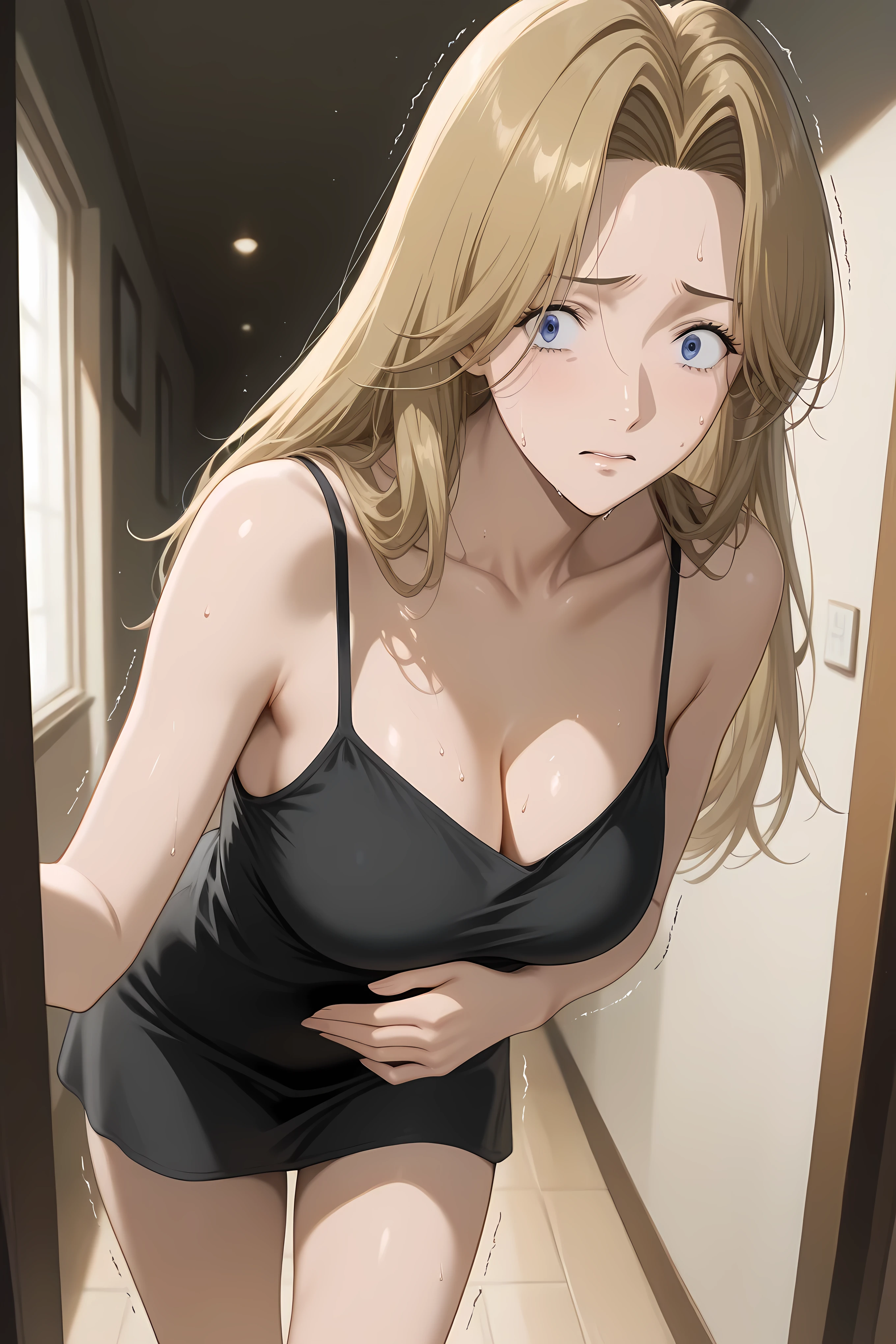 anna liebert, long hair, blue eyes, blonde hair, parted bangs, hair intakes, forehead, mature female, medium breasts,
camisole, spaghetti strap, black camisole, cleavage, collarbone, bare shoulders,
Solo, general, masterpiece, highres, ultra-detailed, hyper-detailed, best quality, amazing quality, very aesthetic, best hands, best eyes, best hand
adult woman, 1woman, both hand on own stomach, sweat, leaning forward, nervous, scared, trembling legs, celadon green hallway,