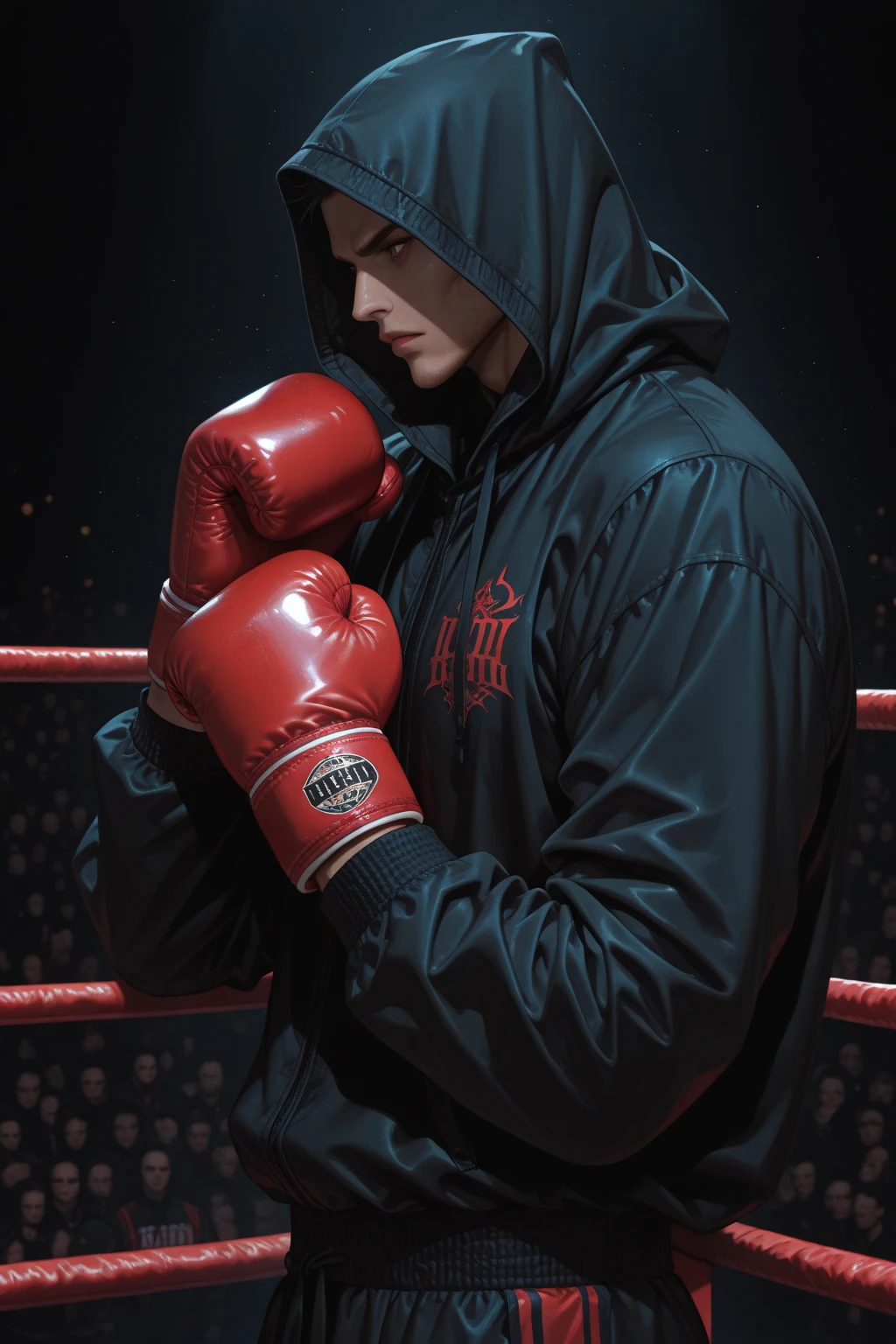 Intensely the film, a captivating poster. The composition exudes cinematic lighting and color gradation. A scene with the octagon in the background, and in the corridor, a young man entering with boxing gloves and cape, with a sweaty shirt and a tired expression. A bright and hopeful atmosphere. Inspired by the conceptual works of Maciej Kuciara, Jama Jurabayev and Wojtek Fus, this poster 