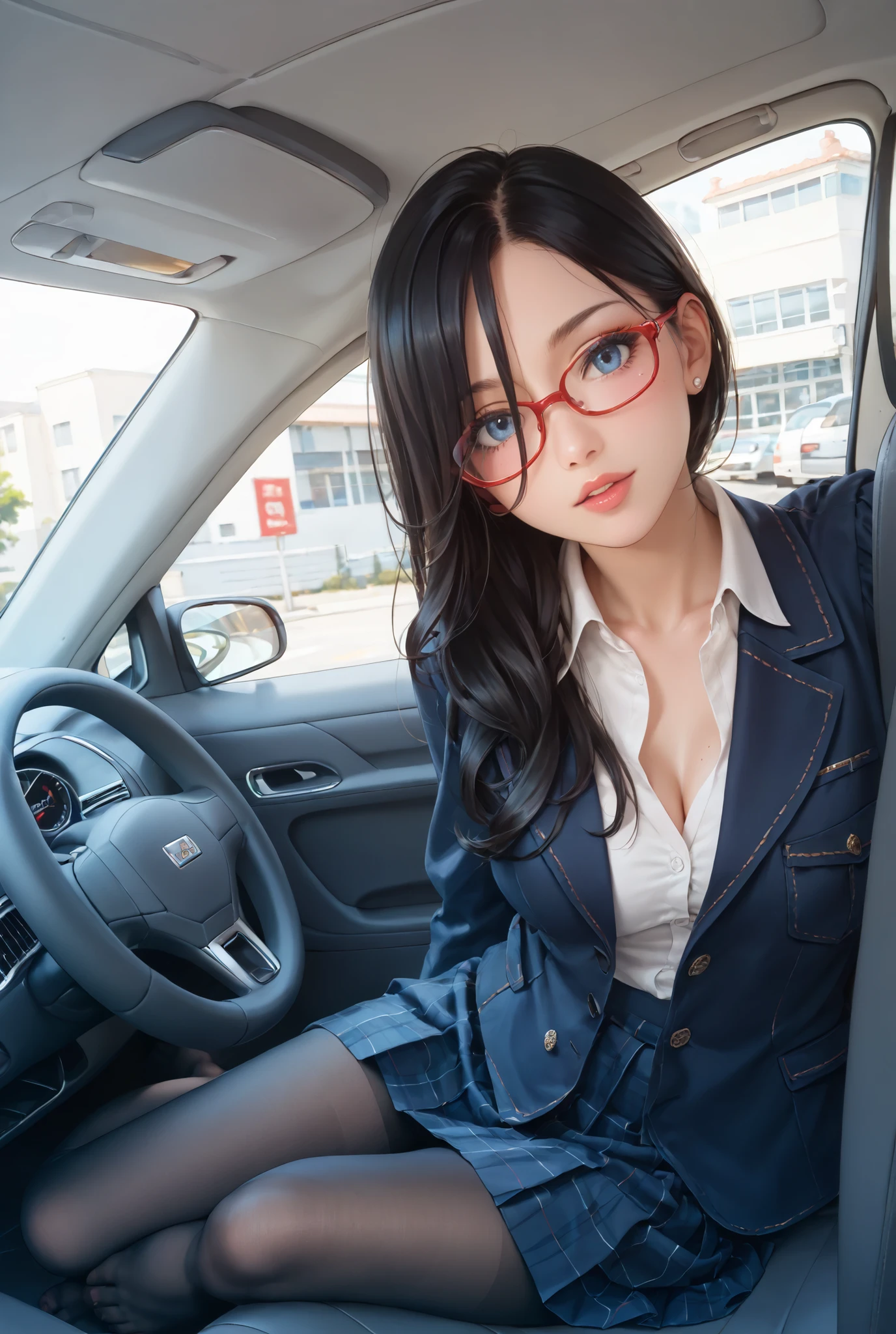 ((inspired by )),((inspired by Animation Style:1.5)),(masterpiece, best quality),beautiful, beautiful-woman, ((detailed face)).(full body:1.3).,
((black hair)), glasses, blue eyes, long hair, over-rim eye-wear,semi-rimless eye-wear, between eyes .(red-framed glasses:1.2),
,
1-woman.((in car))
The woman is wearing skirt suit with blouse and black pantyhose.