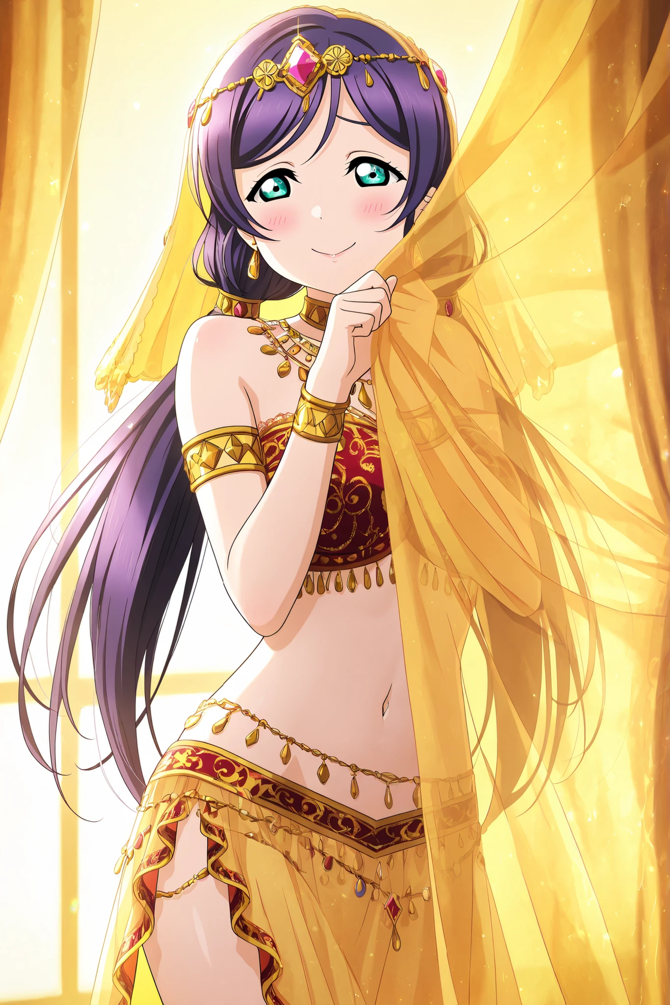 Love Live official artwork,professional art, highres, hdr, glossy shiny skin, shiny silky hair, soft lighting from right ,detailed clothing, vibrant colors, cowboy shot,toujo nozomi,indoors, exotic setting, arabesque patterns, oriental dancer, belly dancer, shy pose, hiding, behind curtain, sheer curtain, translucent fabric, semi-transparent veil, draped fabric, golden curtain, silky texture, lace details, peeking, bashful expression, blushing, looking away, downcast eyes, coy smile, decorated hair, jeweled hair ornament, headpiece, diadem, veil on head, earrings, jewelry, necklace, choker, gemstone accessories, bare midriff, navel, belly chain, hip scarf, silk outfit, tube top, golden trim, decorated bra, armlets, bangles, bracelets, flowing skirt, translucent skirt, high slit skirt, elegant pose, graceful hands, delicate fingers, dim lighting, spotlight, warm colors, golden glow, mysterious atmosphere, alluring, shy beauty,solo,curtains, hiding, curtain grab, shadow,head tilted to side ,hip tilted to side,one hand near face,lowleg