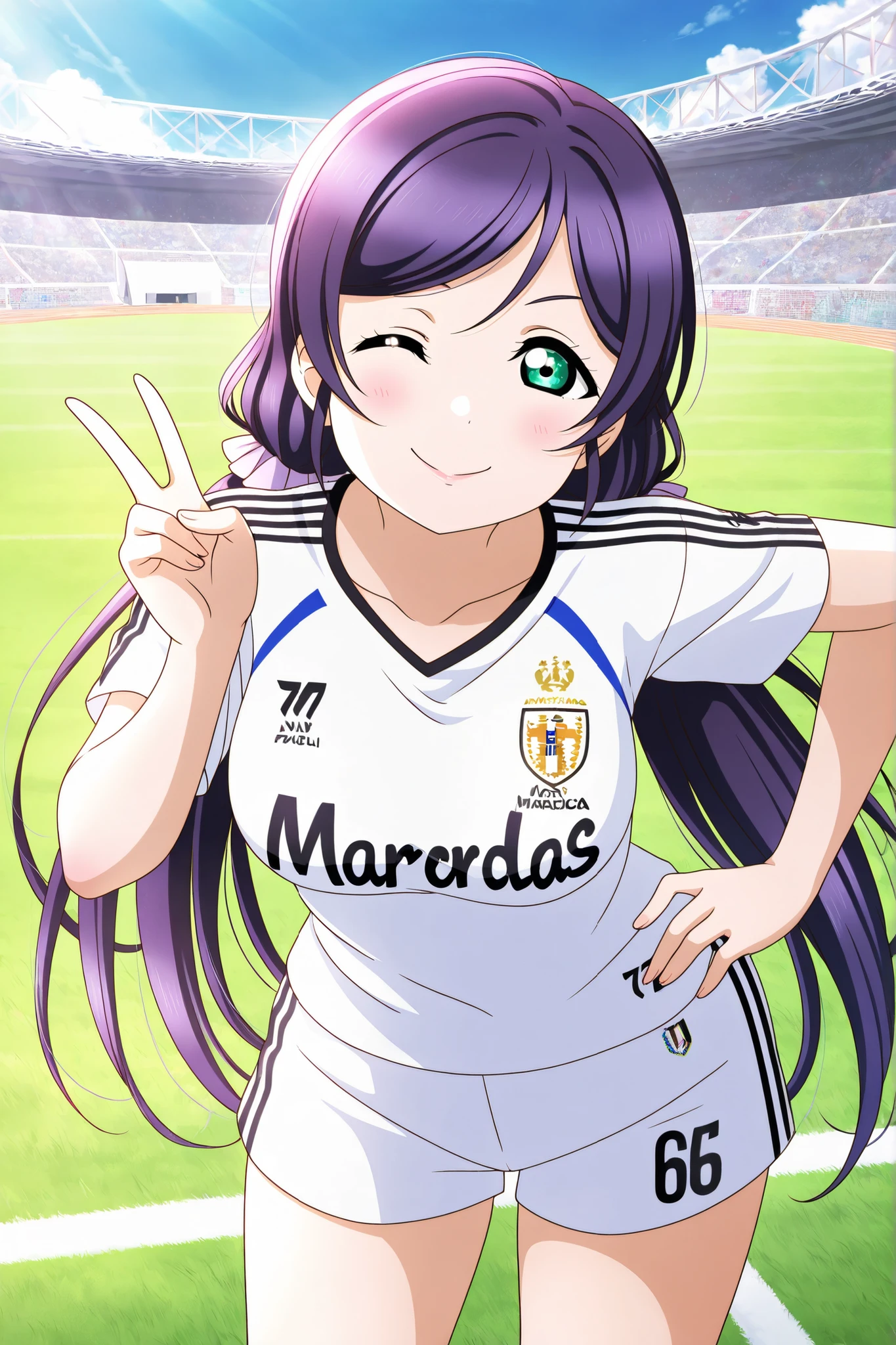 Love Live official artwork,professional art, highres, hdr, glossy shiny skin, shiny silky hair, soft lighting from right ,detailed clothing, vibrant colors, cowboy shot,toujo nozomi,sports field, soccer field, summer, football t-shirt,real Madrid, hand on hip,v, beautiful , collarbone , smile,wink, standing, front view