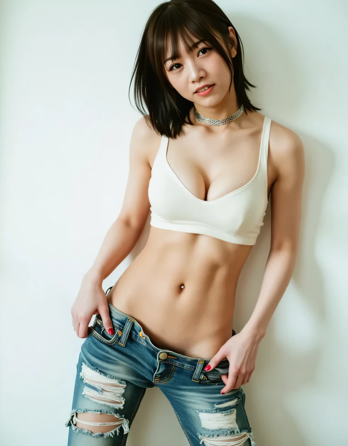 Hinako Kitano, highest quality, ultra-realistic, single woman, ((dark brown, medium-long hair)), perfect anatomy, perfect fingers, slim body, thin thighs, heavily ripped washed denim jeans fastened with safety pins, slim ivory-white tank top, silver choker necklace, asymmetrical haircut, raw punk vibe, (((trying to pull down denim pants: 1.9)))