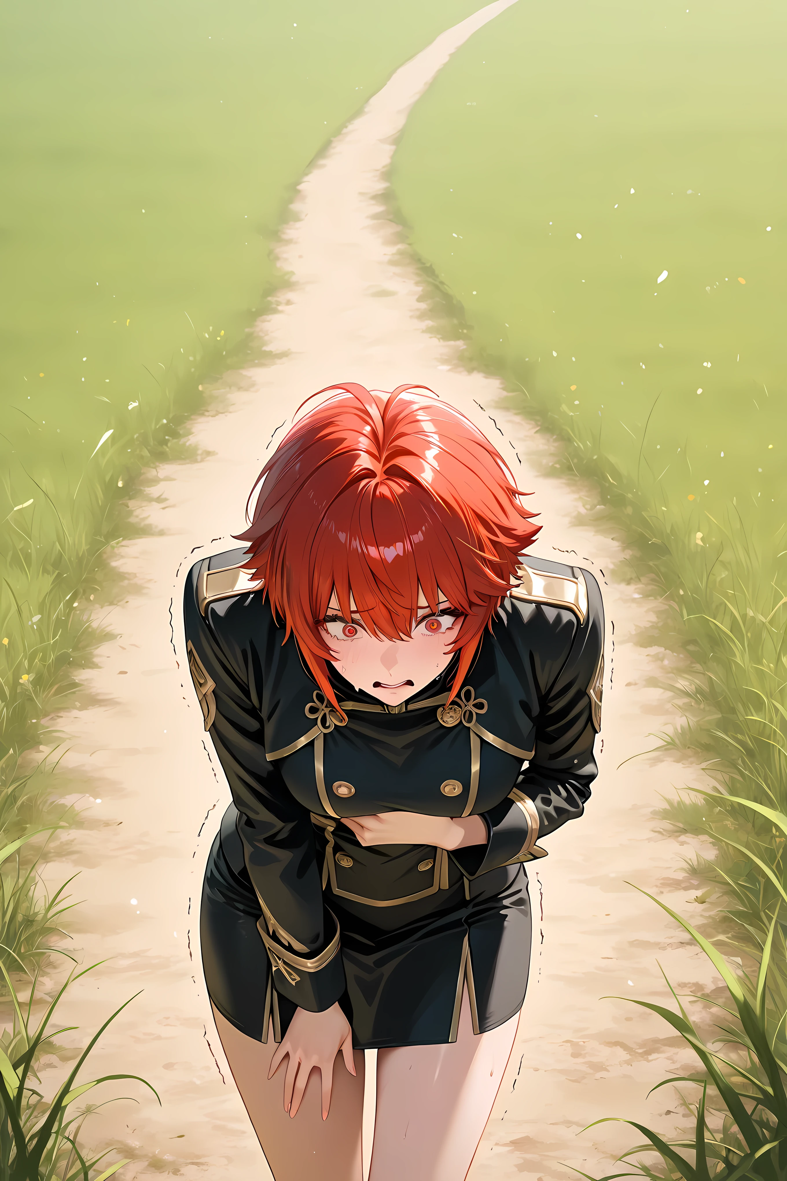 hinoka, red hair, red eyes, short hair, black jacket, black buttons, black skirt, gold trim, bare thigh, half body shot,  facing front,  solo, 

 general, masterpiece, highres, ultra-detailed, hyper-detailed, best quality,  amazing quality, very aesthetic, best hands, best eyes, best hand
adult woman, 1woman, hand on own stomach, sweat,  leaning forward, nervous, scared, trembling legs, Vast barren grassfield, sunny day,