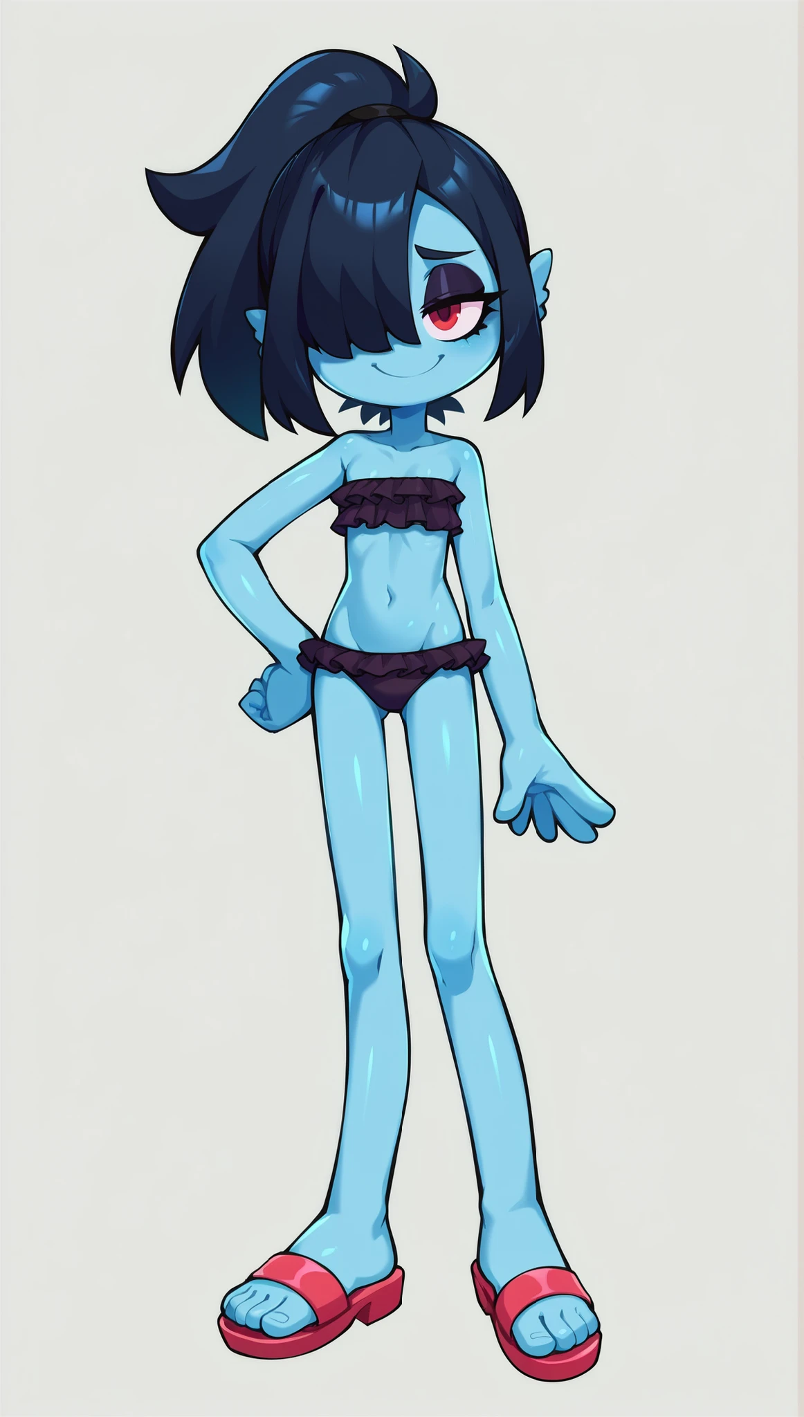score_9, score_8_up, score_7_up, source_anime, 1girl, solo, monster girl, deep black hair, spiky pointed bangs, pointed spiky topknot ponytail, red eyes, narrowed eyes, hair covering one eye, grey skin, four fingers, ((black bundeau strapless frilly bikini, sandals)), naughty expression, shiny skin, full body, feets with three toes, finn ears, cute, oily skin, smile, shy, standing, cute pose, sexy, anime style, thick outline, countershading, anime style, slender body, short body, 2D animation, noseless, looking at you, one hand on own hip, white background, simple background, emo, goth,