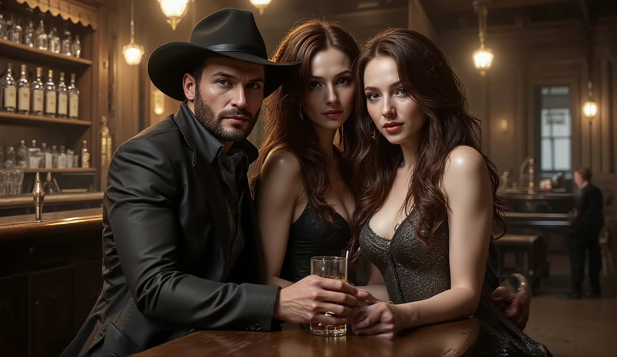 *[FLUX] REALISTIC FANTASY MACHINE DIGITAL, 16:9 aspect ratio. Ultra-realistic cinematic portrait inside the Redstone saloon at night. A strikingly handsome, unknown gunslinger sits confidently at a wooden table near the bar. He wears a dark tailored coat, a wide-brimmed cowboy hat tilted slightly back, revealing sharp facial features: chiseled jawline, neatly trimmed stubble, piercing eyes that glint under the warm lantern light, every pore and skin texture rendered in crisp lifelike detail. His presence radiates danger and allure.

At his side, two mysterious women lean close to him — one with long wavy dark hair, smoky eyes, and a playful smirk as she holds a half-filled whiskey glass; the other with lighter hair, sensual gaze, and a lit cigarette between her fingers, the smoke curling upward in the dim golden light. Their dresses shimmer subtly with texture, fabric stitching clearly visible, exuding old Western elegance mixed with raw seduction.

The saloon background is richly detailed: polished wooden bar with neatly aligned bottles, the glint of brass on lantern fixtures, a piano in the corner half in shadow, and faint silhouettes of other patrons blurred into the smoky air. The scene is hyper-realistic, cinematic Western atmosphere, no distortions, perfect proportions, razor-sharp facial clarity.*