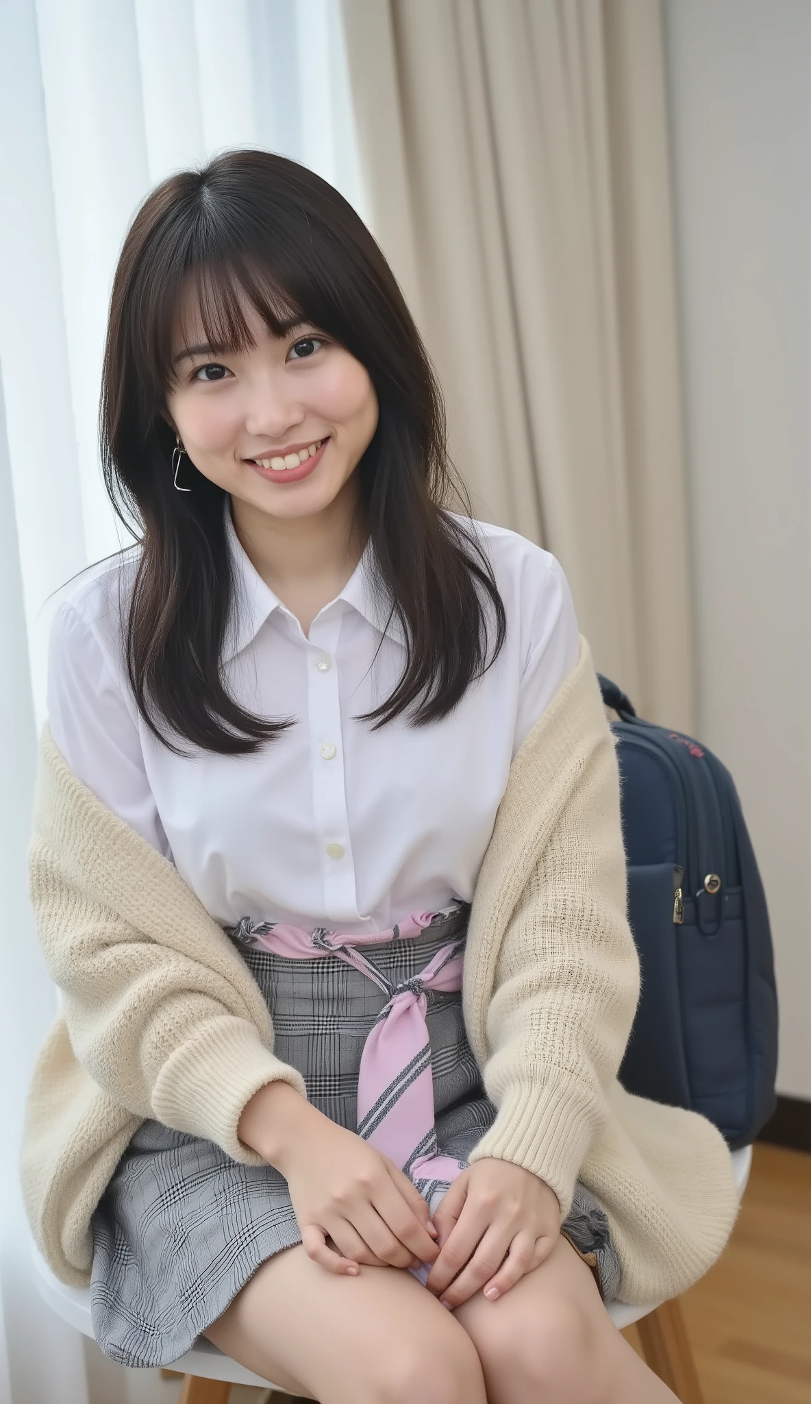 live-action、shot with a Canon EOS R5, 50mm lens, f/2.8 apertur、(masterpiece,best quality:1.4)、Highest Quality、ultra high res、8K、bright room、chair in the building on the edge、front view、Full body photo、Smile Yan、black haired 、straight semi-long、shiny hair、have bangs、(slender style:1.3)、(huge breasts:1.5)、zettai ryouiki、 white button-up shirt with rolled-up sleeves and loosely knotted burgundy striped tie, gray plaid pleated mini skirt (uniform style), beige knit cardigan tied around waist, light pink scrunchie, white loose socks scrunched to calves, black leather loafers, navy school bag with flowers key charm、Seductively Posing、Show Panties