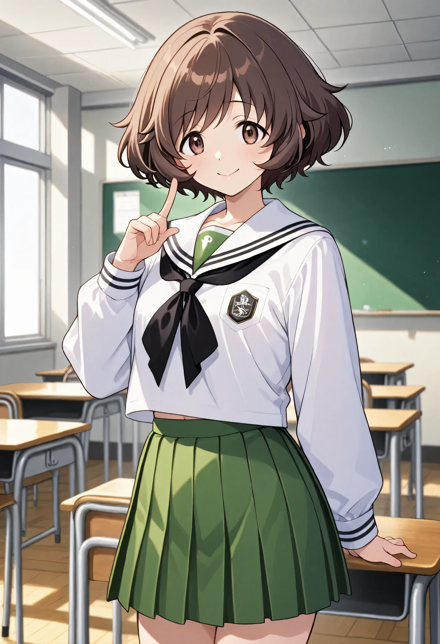 Highest Quality、Good quality、very beautiful、high resolution、One personの女の子、One person、Akiyama Yukari、Smile Yan、Beautiful Brown Eyes、attractive brown eyes on a government ship、beautiful brown hair in white underwear、Uniform up、 (大洗女子高等schoolの制服:1.3) 、white sailor color、 black neckerchief 、white shirt、long sleeve、green skirt、school、classrooms、study,cowboy short、I'm shy