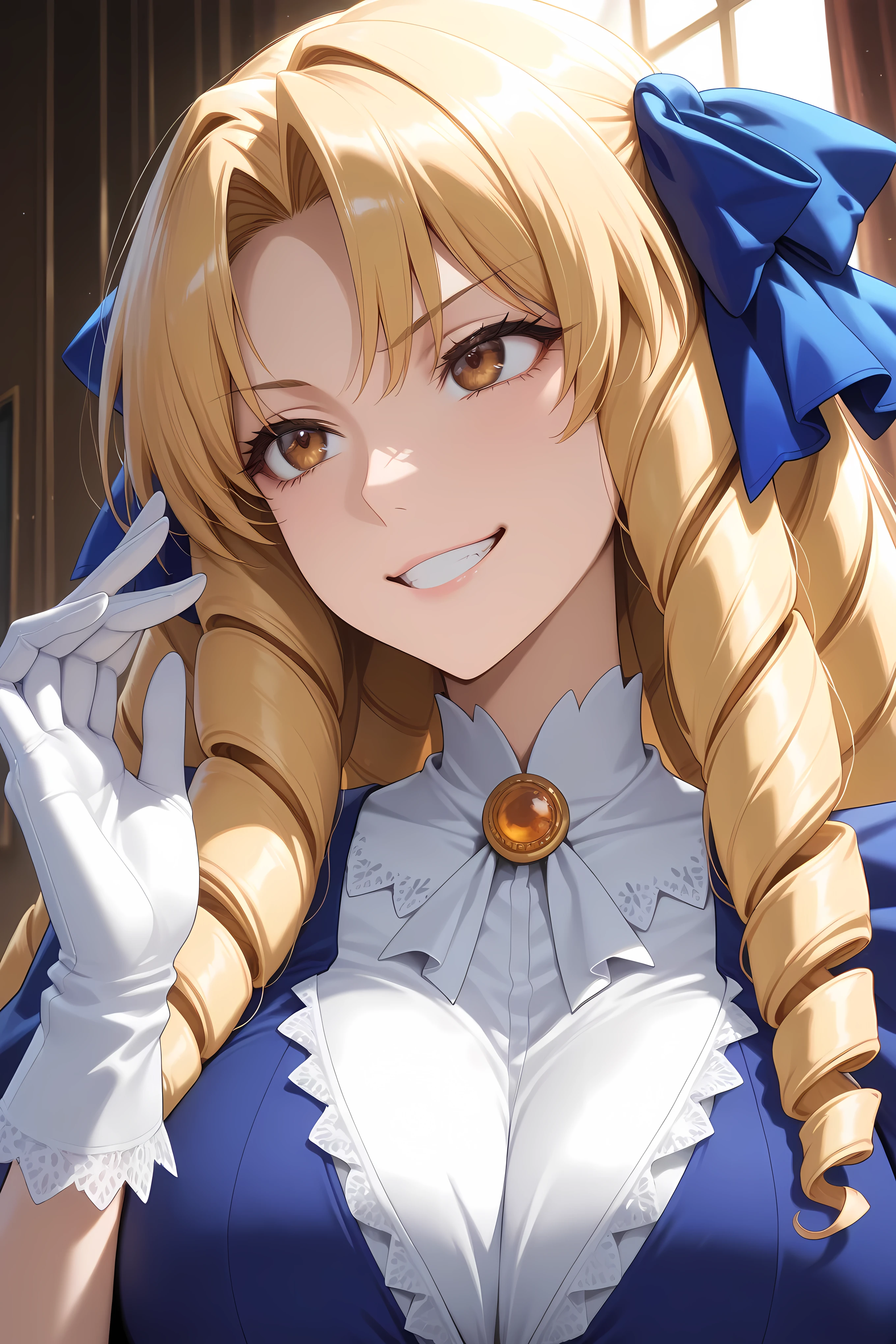 luviagelita edelfelt, long hair, brown eyes, hair bow, blonde hair, drill hair, large breasts,,gloves, dress,frills, white gloves, blue dress,,
close up, close up to face,
solo, general, masterpiece, highres, ultra-detailed, hyper-detailed, best quality, amazing quality, very aesthetic, best hands, best eyes, best hand, standing sneakily,
adult woman, 1woman, wicked scheming grin face,