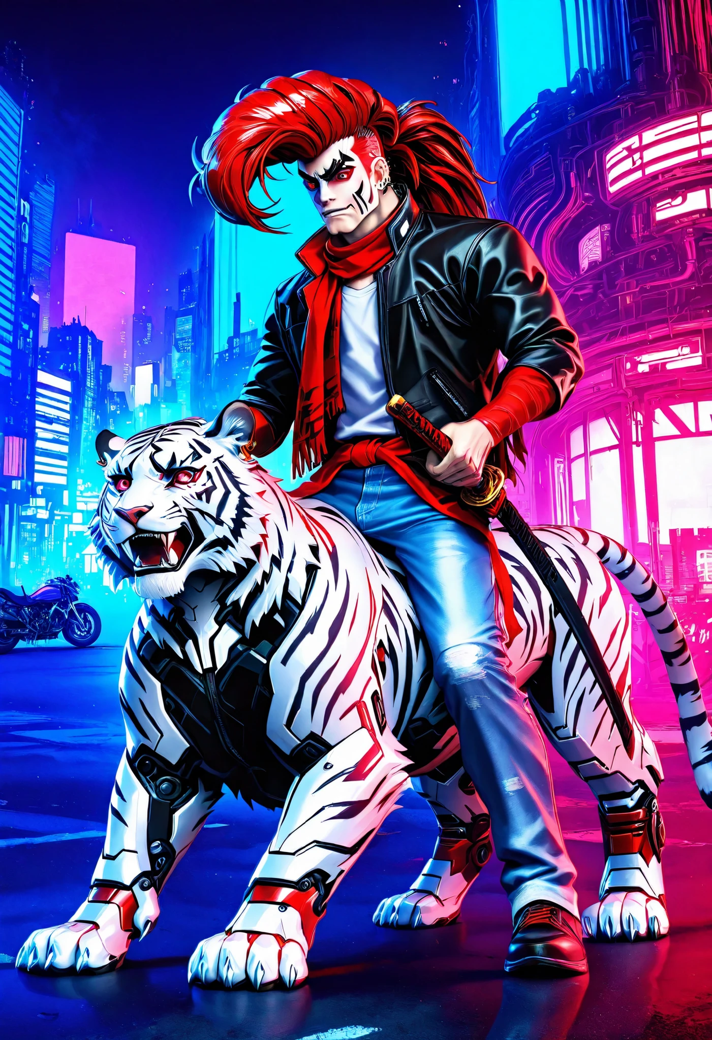 masterpiece, best quality, amazing quality, very awa, absurdres, newest, very aesthetic, 1boy, man, futuristic biker, (neon building backdrop, cyberpunk), ((cybernetic tiger, mechanical tiger, metal tiger, white tiger)), red eyes, red hair, ((pompadour hairstyle, extreme pompadour)), mechanical horns, oni horns, piercings, kabuki face paint, kumadori, facepaint, white face, patterned scarf, Professional realistic studio photography, UHD, Extremely Sharp Image, ROH, black jacket, white shirt, red scarf, blue jeans, katana, Japanese sword, motorcycle, color theory, high contrast, dynamic angle