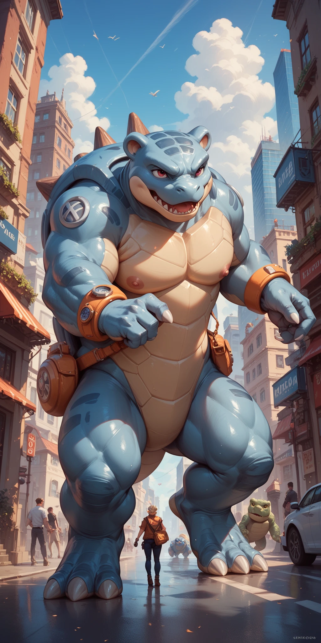 Blastoise, similar to pokemon, anime, belly, (Chubby), red , detailed lump, big , sexy pose