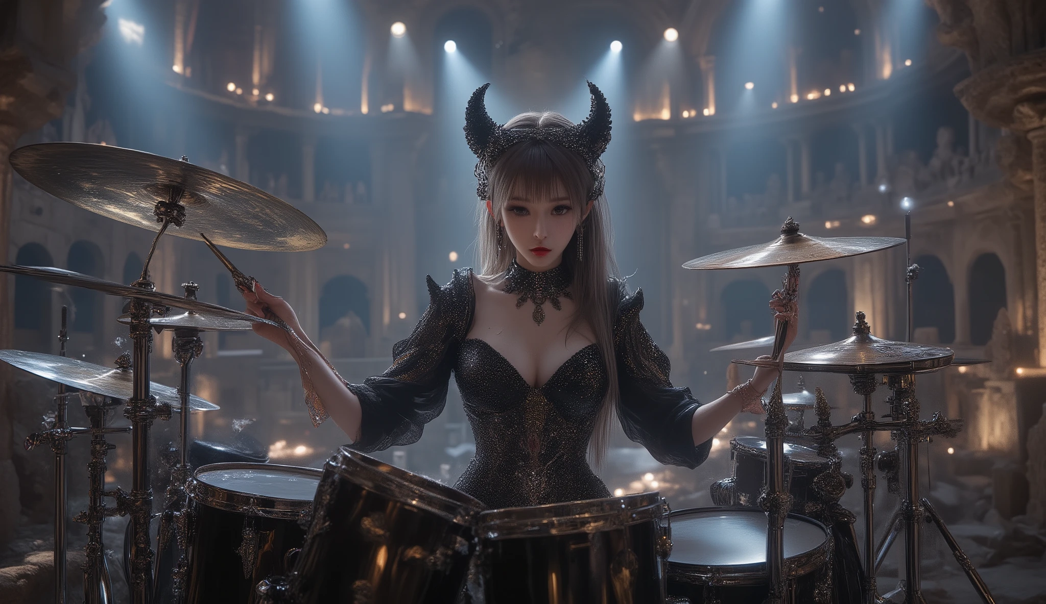 ultra detailed, absolutely resolution, masterpiece, a very beautiful female heavy metal drummer, (drum set, with two bass drums, one snare drum, ten toms, a floor tom, and twenty iridescent, plated cymbals of various sizes), wearing their own gothic stage costumes in black and personal colors with a unique fashion sense, playing drum solo, outstanding technique, performing intensely, with ancient Greek and Roman amphitheaters in the background, countless spotlights, highly detailed, sharp focus, vibrant colors, soft lighting, cinematic composition