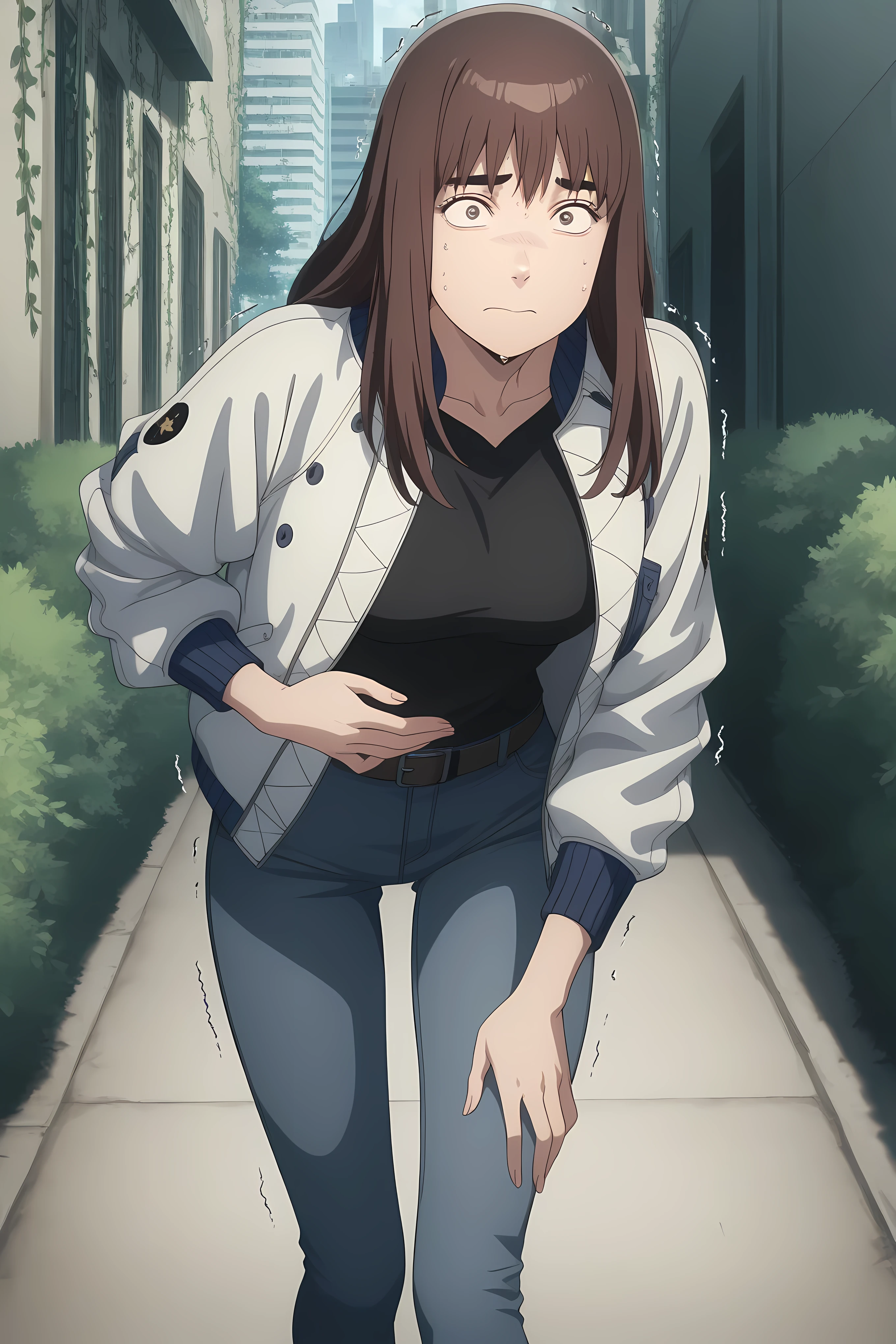 kiruko, long hair, bangs, brown hair, brown eyes, thick eyebrows, mature female, , anime screencap, jacket, belt, pants, hood, denim, jeans, black shirt, , open jacket, white jacket,, Solo, general, masterpiece, highres, ultra-detailed, hyper-detailed, best quality,  amazing quality, very aesthetic, best hands, best eyes, best hand
adult woman, 1woman, hand on own stomach, sweat,  leaning forward, nervous, scared, trembling legs, in walking street, overgworn bush and roots, post apocalyptic vibe, building run by vines and tree