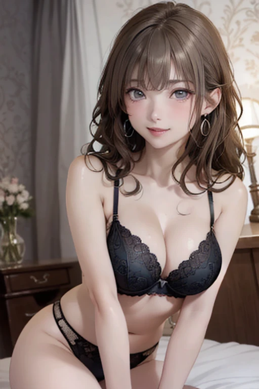 Realistic、Highest quality、1 girl、18-year-old、Fancy Color Hair、Earrings、Embarrassed face、Flashy ?????????、Beautiful ????? 、Selfie、Nyan Nyan Pose、Hotel Rooms、Particles of light、Professional Lighting