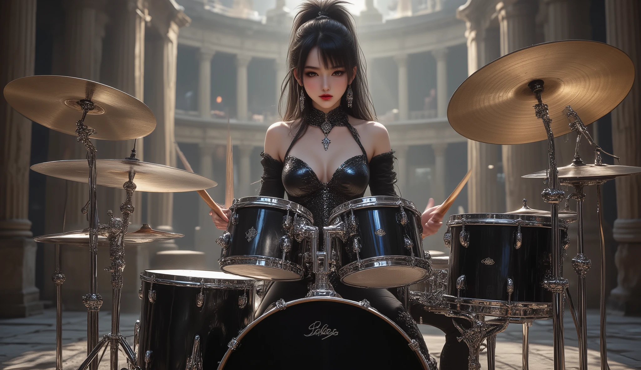 ultra detailed, absolutely resolution, masterpiece, a very beautiful female heavy metal drummer, (drum set, with two bass drums, one snare drum, ten toms, a floor tom, and twenty iridescent, plated cymbals of various sizes), wearing their own gothic stage costumes in black and personal colors with a unique fashion sense, playing drum solo, outstanding technique, performing intensely, with ancient Greek and Roman amphitheaters in the background, countless spotlights, highly detailed, sharp focus, vibrant colors, soft lighting, cinematic composition