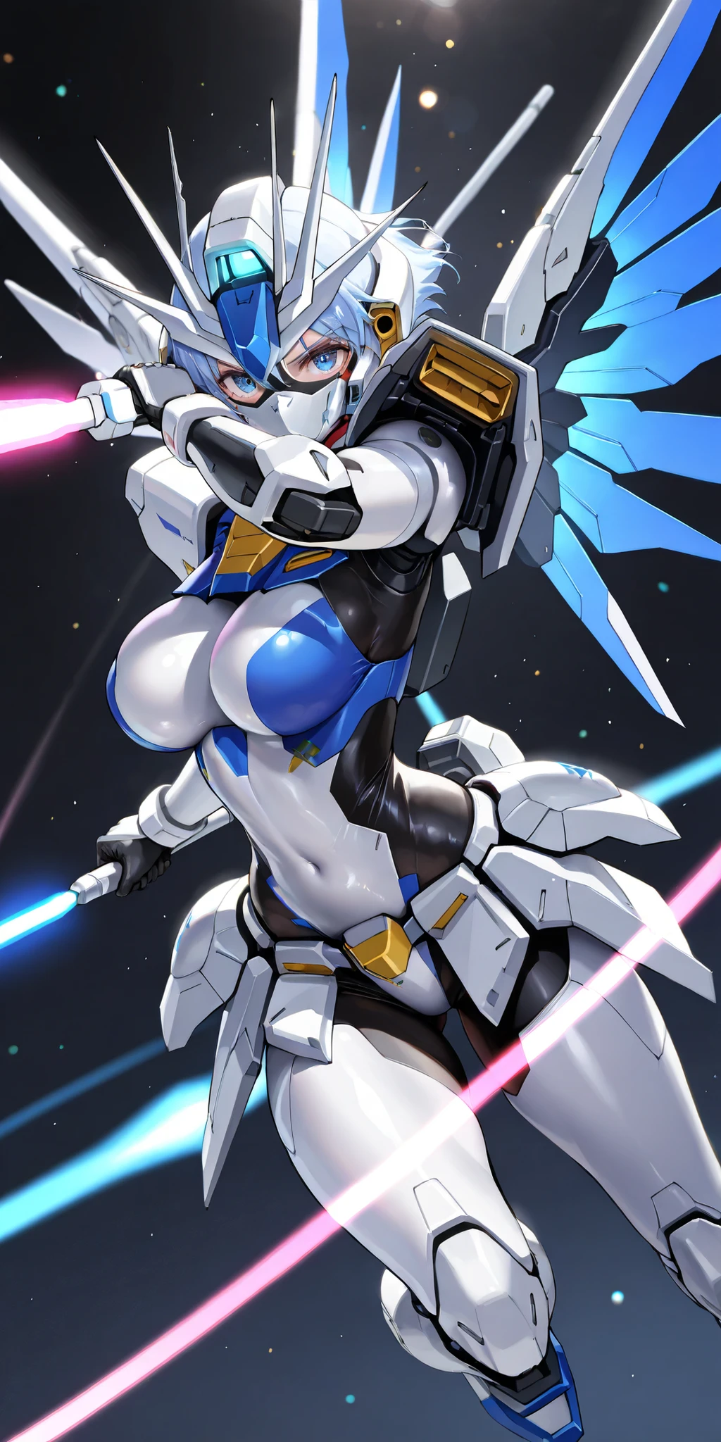 (masterpiece, detail:1.2)、beautiful girl、Sexy cosplay in a Gundam mobile suit、((Face is a girl、ファンタジーな雰囲気のbeautiful girl))、bright expression、sexy pose、Mechanics Mask:1.2、face guard、face mask、Mechanical equipment 、Gundam Mobile Suit design:1.2、White, red, and blue color scheme、Accurate Textures、masterpiece、8k resolution、realistic、Physically Based Rendering、EXTREME DETAILS、professional、bright colors、Bokeh、big boobs、swings the beam saber、 shield 、((Dynamic Poses:1.5))、mechanical wing that emits light、Mechanical Armor、outer space