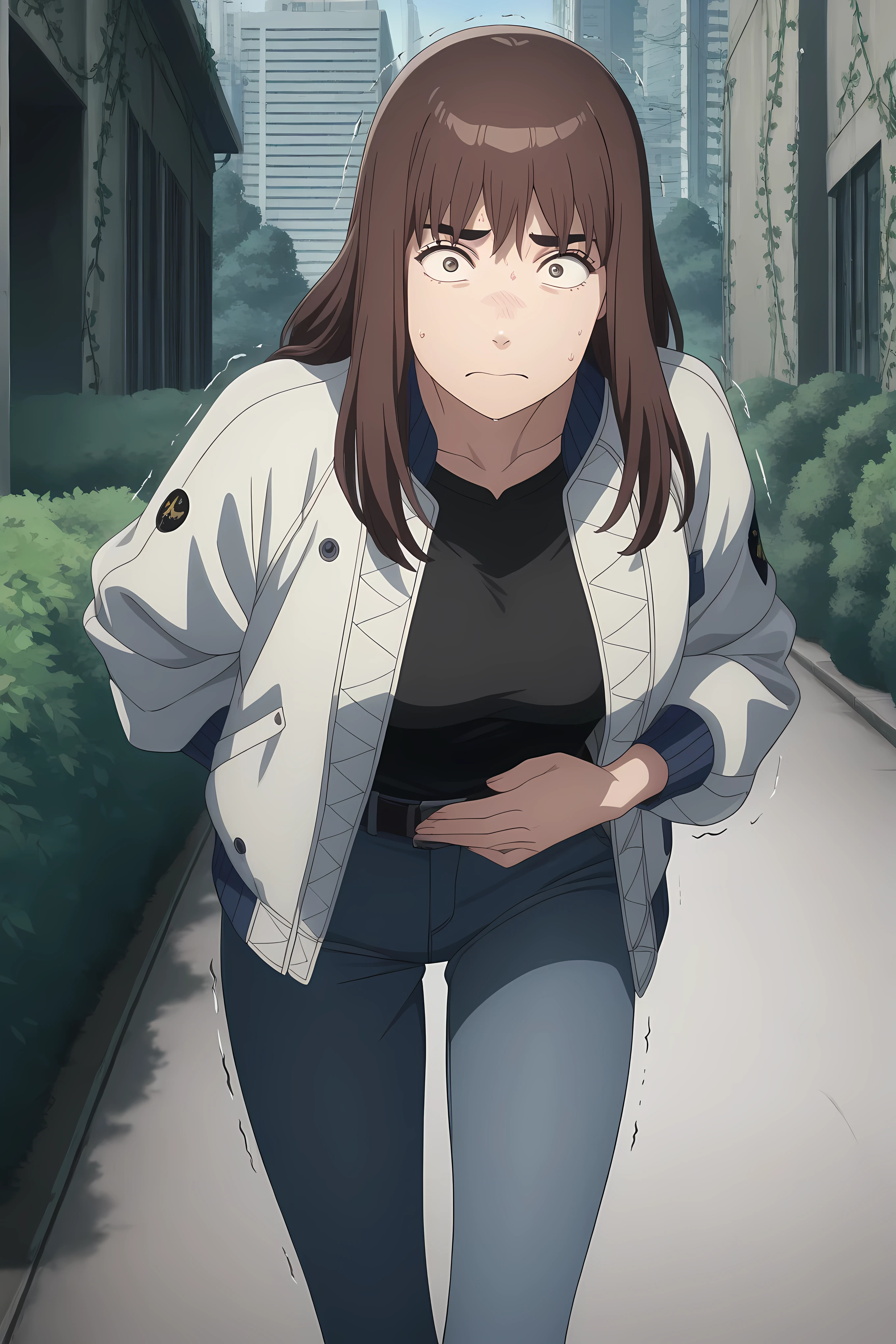 kiruko, long hair, bangs, brown hair, brown eyes, thick eyebrows, mature female, medium height, , anime screencap, jacket, belt, pants, hood, denim, jeans, black shirt, , open jacket, white jacket,, Solo, general, masterpiece, highres, ultra-detailed, hyper-detailed, best quality,  amazing quality, very aesthetic, best hands, best eyes, best hand
adult woman, 1woman, hand on own stomach, sweat,  leaning forward, nervous, scared, trembling legs, in walking street, overgworn bush and roots, post apocalyptic vibe, building run by vines and tree