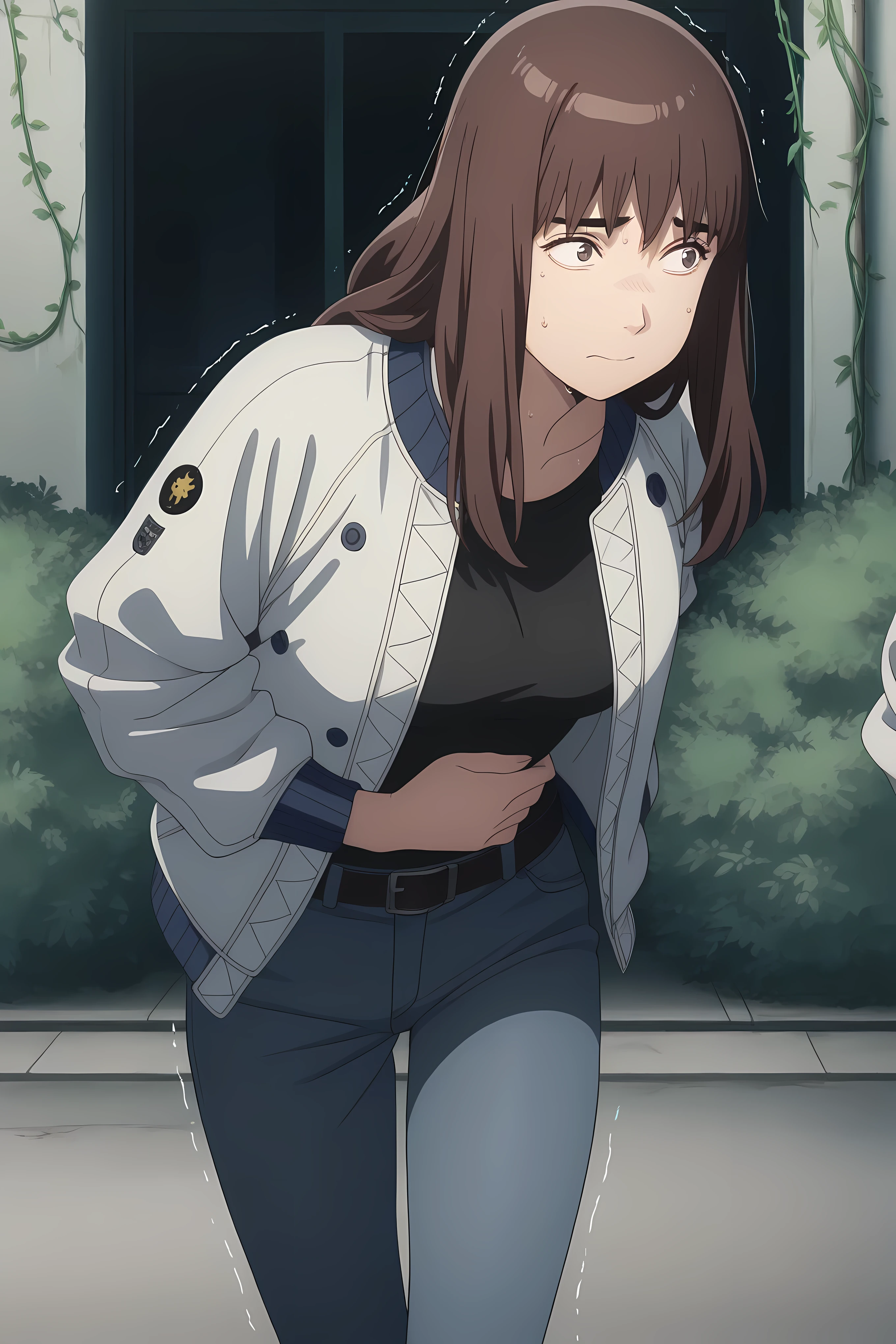 kiruko, long hair, bangs, brown hair, brown eyes, thick eyebrows, mature female, medium height, , anime screencap, jacket, belt, pants, hood, denim, jeans, black shirt, , open jacket, white jacket,, Solo, general, masterpiece, highres, ultra-detailed, hyper-detailed, best quality, amazing quality, very aesthetic, best hands, best eyes, best hand
adult woman, 1woman, hand on own stomach, sweat, leaning forward, nervous, scared, trembling legs, in walking street, overgworn bush and roots, post apocalyptic vibe, building run by vines and tree