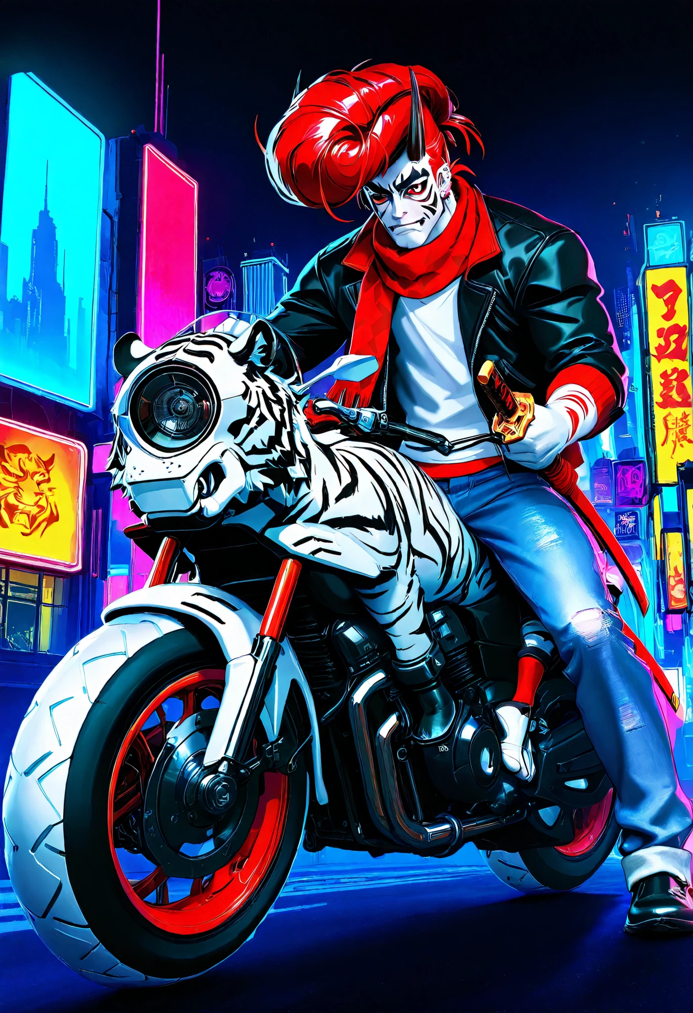 masterpiece, best quality, amazing quality, very awa, absurdres, newest, very aesthetic, 1boy, man, futuristic biker, (neon building backdrop, cyberpunk), ((tiger-themed motorcycle, mech bike, white tiger)), red eyes, red hair, ((pompadour hairstyle, extreme pompadour)), oni horns, piercings, kabuki face paint, kumadori, facepaint, white face, patterned scarf, Professional realistic studio photography, UHD, Extremely Sharp Image, ROH, black jacket, white shirt, red scarf, blue jeans, katana, Japanese sword, motorcycle, color theory, high contrast, dynamic angle