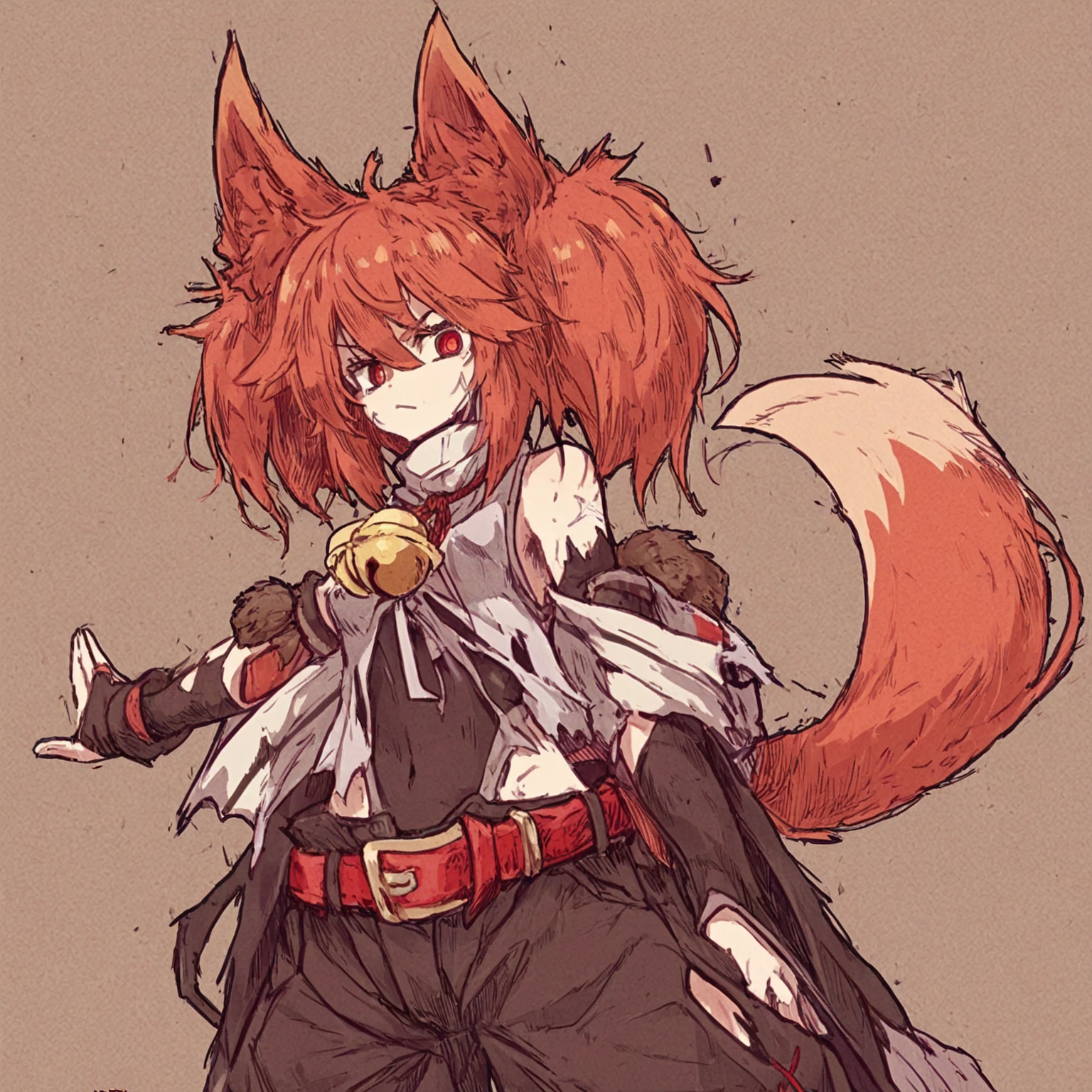 Masterpiece, High quality, High quality of art, best quality, best details, anime lineart, 1boy, Femboy, fox ears, fox tail, light blue eyes, light carrot hair, Short Shorts, Red shadows under the eyes, a bell near the fox's ears, A red and white rope on his belt, a large bow on his back,  stomach, black heart tattoo on tummy, half sleep eyes 
