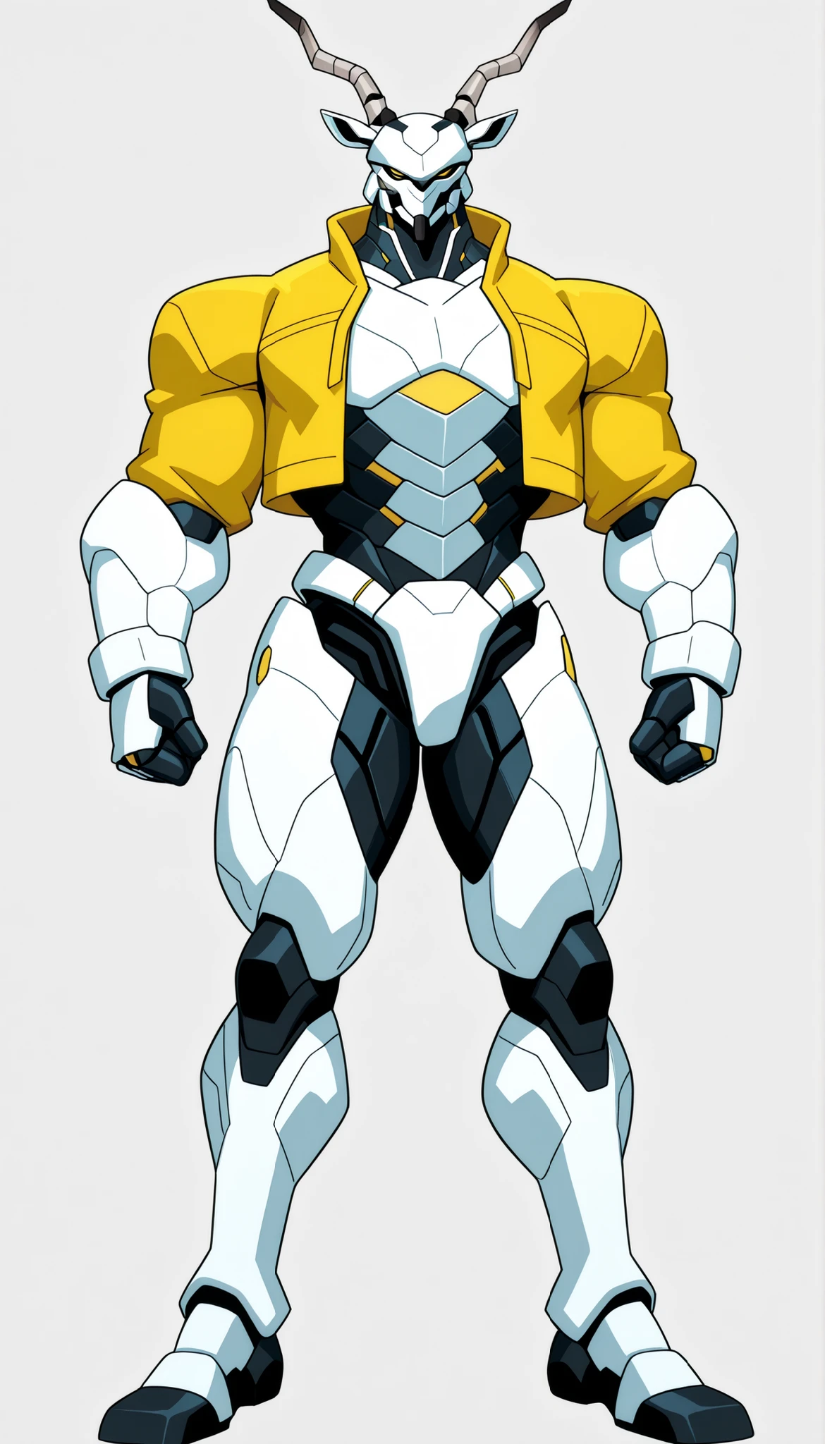 ((Highest quality)), ((loose yellow cropped jacket with light gray background)), (my hero academy style), Standing, 1male , male, Mature male, solo, athletic body, muscular body, toned body, thick body, tall body, Standing, full body, robot_form, robot_armor, Antelope Form, Antelope robot, antelope armor, mechanical antelope, mechanical armorsuit, thick armorsuit, Black armorsuit , mechanical robot , mechanical antelope, mechanical antelope armorsuit, thick antelope mechanical armorsuit, thick legs, thick arms,