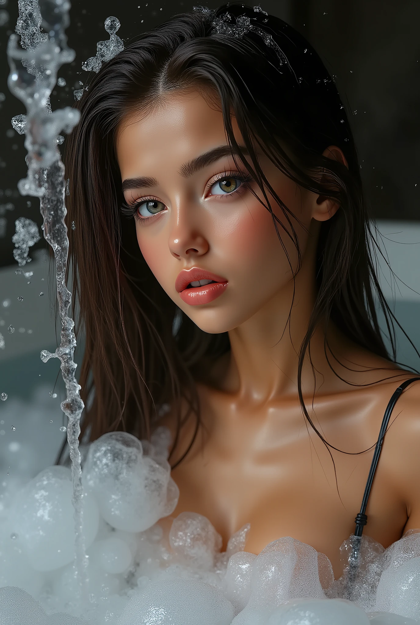 Realistic (photorealistic Realism), ((Ultra-realistic , ultra-high resolution)), ((Ultra-intricately detailed digital art)), professional photography, ((portrait)) a cute 1 Female, European, (ultra realistic texture details: velvety skin, hair),((close-up of her eyes:1.4)),((sharp focus, no blurr eyes, high resolution, absurd quality, Realistic brown_eyes:1.4),intricately detail:1.35),((extremely fine details eyes))((extra narrow eyebrows))(Carefully draw Long blue_eyelashes:1.2)(perfect round eyes:1.3).((finely detailed pupils:1.3))((extremely fine details pupils:1.3))((extremely fine details iris of the eyes:1.35))(Shining, mesmerizing, Vibrant eyes:1.22).(professional makeup:1.4)((perfect dark_eyeshadows:1.4)),detailed lips:1.3,(apply glossy red_lipstick:1.3)(pink_makeup:1.28), (beautiful little nose), (perfect proportions:1.2),(small head),(anatomically correct), perfect female body, (Very beautiful, detailed face :1.38)、((very detailed lips: 1.21)、(very detailed nose: 1.2)、((small head: 1.4))、((High Contrast))、((Erotic:1.6)), ((random expressions))、((firm full breasts:1.35)), (narrow waist:1.3), medium ass, beautiful cheekbones, (slim belly: 1.3), ((well-muscled body:1.3)), ((slim face)), ((anatomically correct))、(professional lighting)、((water gushing from above:1.15)), ((wet whole body and soaked hair:1.25)), ((thick layer of foam from large bubbles in all intimate areas: 1.25)), ((bent:1.3)), looking up, ((side shot)), ((shot from above:1.3)), ((body shot to knees))、