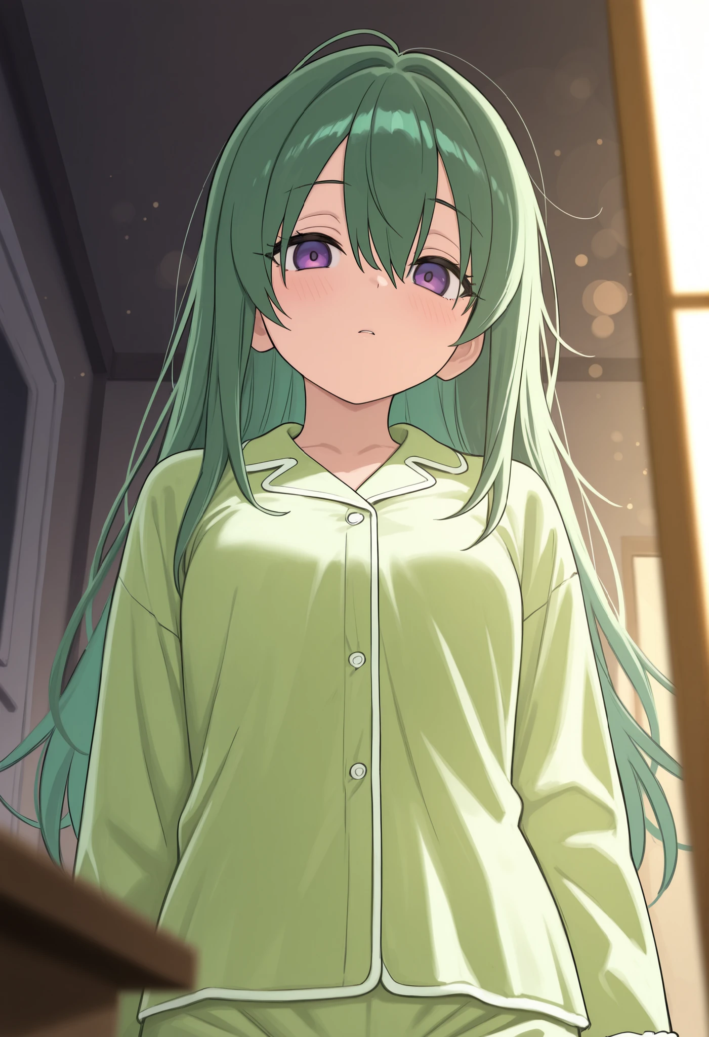 masterpiece, best quality, amazing quality, 4k, very aesthetic, high resolution, ultra-detailed, absurdres, newest, scenery, 1girl, solo, nenechan, long hair, green hair, purple eyes, bangs, hair between eyes, looking at viewer, pajamas, green pajamas, long sleeves, collared BREAK, detailed background, blurry foreground, bokeh, depth of field, volumetric lighting,ylofoy