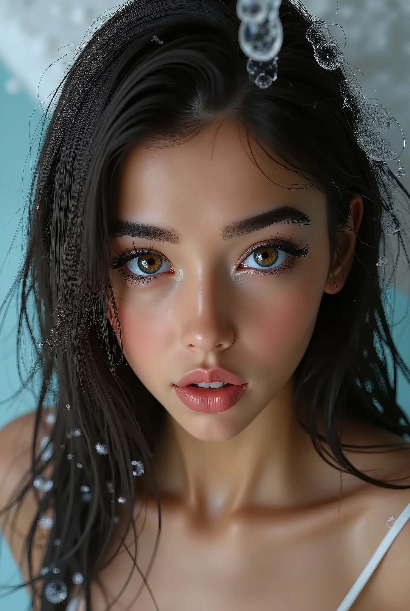 Realistic (photorealistic Realism), ((Ultra-realistic , ultra-high resolution)), ((Ultra-intricately detailed digital art)), professional photography, ((portrait)) a cute 1 Female, European, (ultra realistic texture details: velvety skin, hair),((close-up of her eyes:1.4)),((sharp focus, no blurr eyes, high resolution, absurd quality, Realistic brown_eyes:1.4),intricately detail:1.35),((extremely fine details eyes))((extra narrow eyebrows))(Carefully draw Long blue_eyelashes:1.2)(perfect round eyes:1.3).((finely detailed pupils:1.3))((extremely fine details pupils:1.3))((extremely fine details iris of the eyes:1.35))(Shining, mesmerizing, Vibrant eyes:1.22).(professional makeup:1.4)((perfect dark_eyeshadows:1.4)),detailed lips:1.3,(apply glossy red_lipstick:1.3)(pink_makeup:1.28), (beautiful little nose), (perfect proportions:1.2),(small head),(anatomically correct), perfect female body, (Very beautiful, detailed face :1.38)、((very detailed lips: 1.21)、(very detailed nose: 1.2)、((small head: 1.4))、((High Contrast))、((Erotic:1.6)), ((random expressions))、((firm full breasts:1.35)), (narrow waist:1.3), medium ass, beautiful cheekbones, (slim belly: 1.3), ((well-muscled body:1.3)), ((slim face)), ((anatomically correct))、(professional lighting)、((water gushing from above:1.15)), ((wet whole body and soaked hair:1.25)), ((thick layer of foam from large bubbles in all intimate areas: 1.25)), ((bent:1.3)), looking up, ((side shot)), ((shot from above:1.3)), ((body shot to knees))、