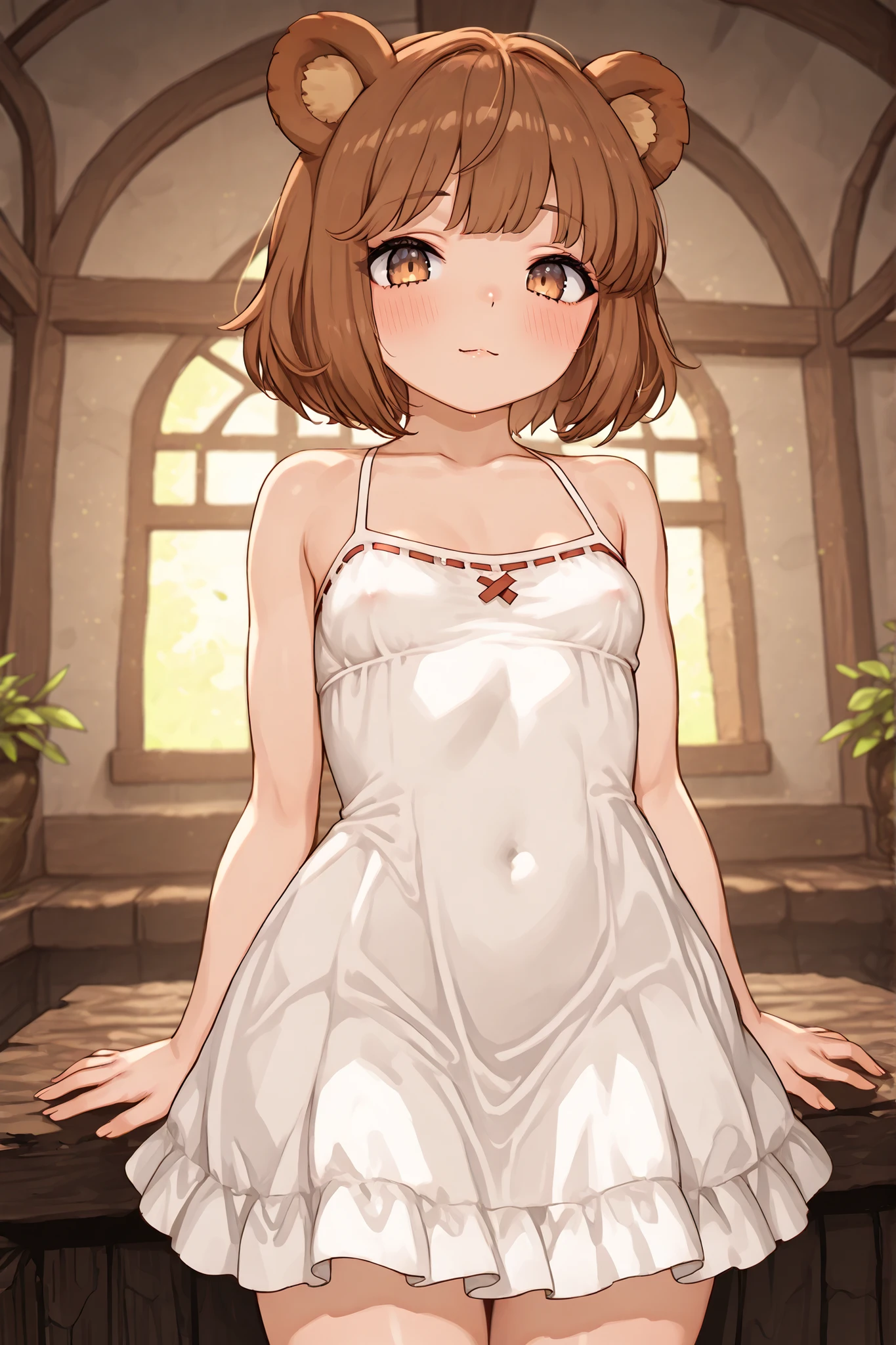 best_quality, detailed_background, 1girl, isekai, fantasy, bear girl, small breasts, looking at viewer, brown hair, dress, short hair, nsfw