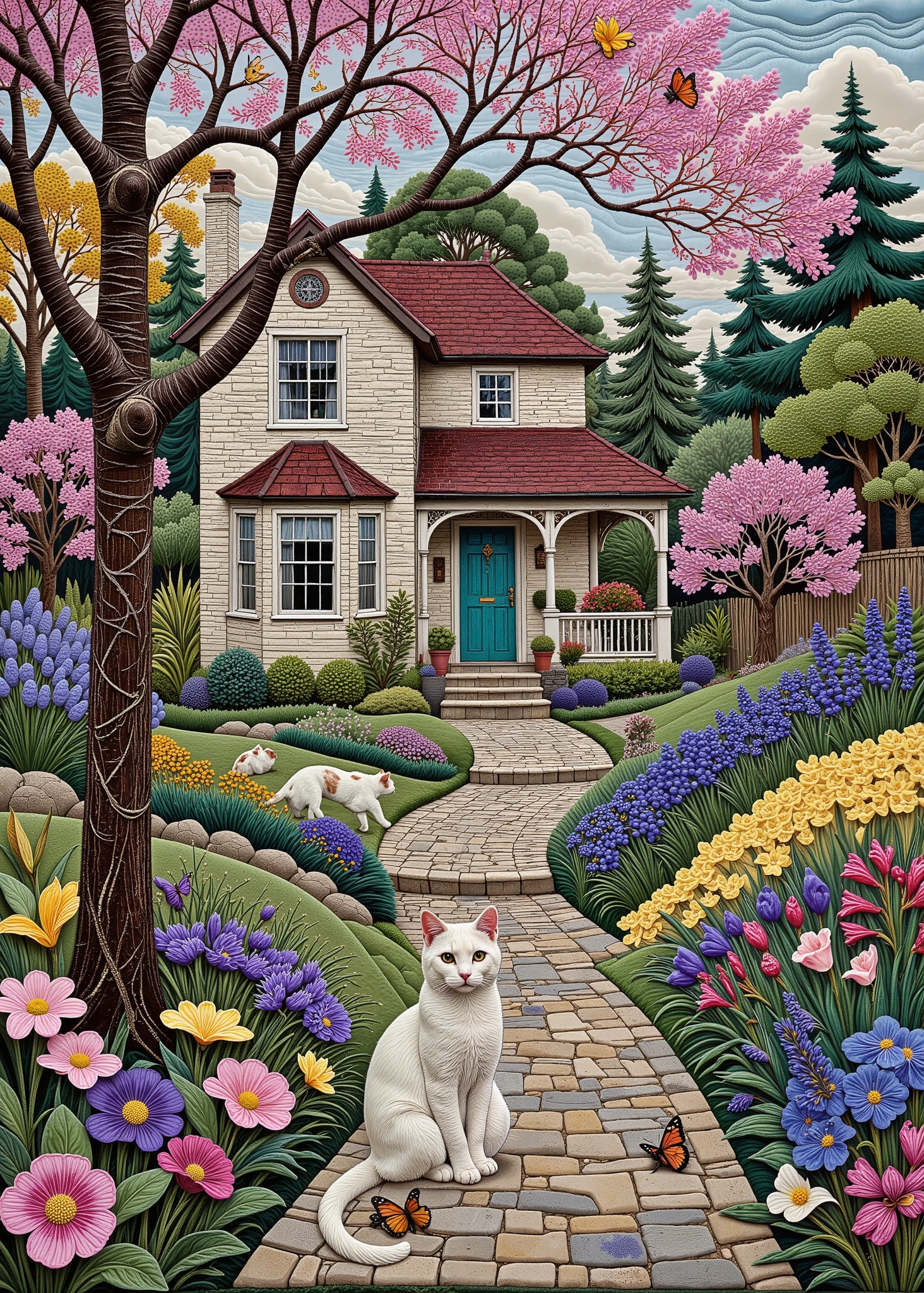 Cat-centered masterpiece, Best Composition, Highest Quality, Patchwork Quilt World, Handmade style, cats sitting、garden flowers and butterfly pictures, tree々And flowers々,cobblestone road, Whimsical Forest, large colorful image, inspired by Maximilian Vanka, Blue Flower Forest, inspired by Laurel Burch, 生命のtree, 開花したtree々more information, patio painting with colorful flowers and plants in front of the house, lush tree々And flowers々.