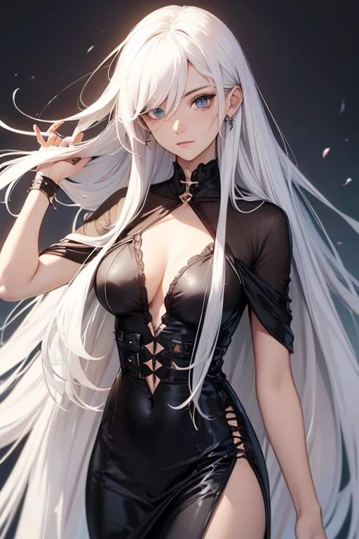 super high quality, 8k, RAW photo, realistic, white messy hair, forehead, hair over one eye, cute woman, full makeup, annoying  expressions, slender, perfect proportion, wearing gray  dress made of leather with laces on both sides