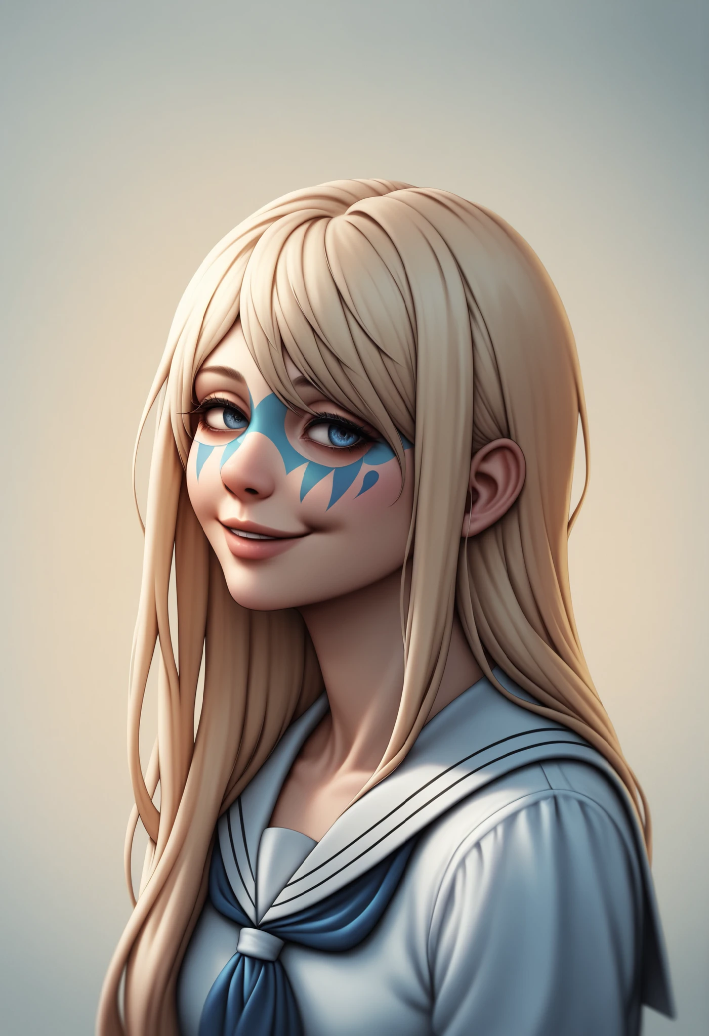 portrait of a cute anime girl in the style of Mika, big expressive eyes, long flowing hair with characteristic anime strands, gentle smile dances, Japanese-style school uniform with a sailor, soft pastel colors, light background with gradient, clean lines and bright colors, stylized anime art, detailed face painting, soft lighting, Positive facial expression, kawaii aesthetics, high quality illustration