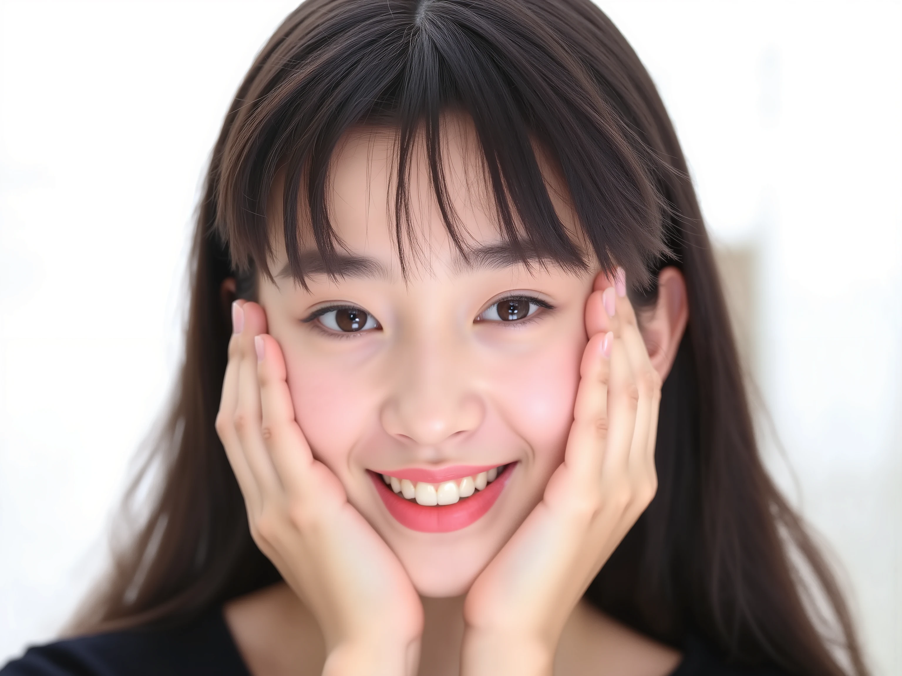 (Refined from an old photo, recreated in a modern, ultra high-quality photorealistic style, with a trendy Reiwa-era hairstyle: soft semi-long hair with natural waves and airy see-through bangs),
Ultra photorealistic close-up portrait of a beautiful Japanese woman,
upper-body shot, wearing a black outfit (completely out of frame, not visible),
shoulders and collarbone softly exposed,
both hands pressing her cheeks in a shy, lovestruck pose,
sparkling eyes gazing dreamily at the viewer with overwhelming affection,
cheeks blushing deeply with a sweet reddish glow,
soft glossy lips curved into a bright, full, lovestruck smile,
expression melting with love, playful, dreamy, adorably bashful,
purely cute and lovestruck, overflowing with affection and warmth,
realistic skin with detailed pores, subtle freckles, natural uneven tones,
tiny imperfections for realism, soft peach fuzz visible,
hair rendered with individual strands, slightly messy flow, natural matte shine,
soft diffused cinematic lighting, natural depth,
background pure white with gentle blur,
(masterpiece, best quality, high resolution, intimate romantic close-up, cinematic magazine cover style)