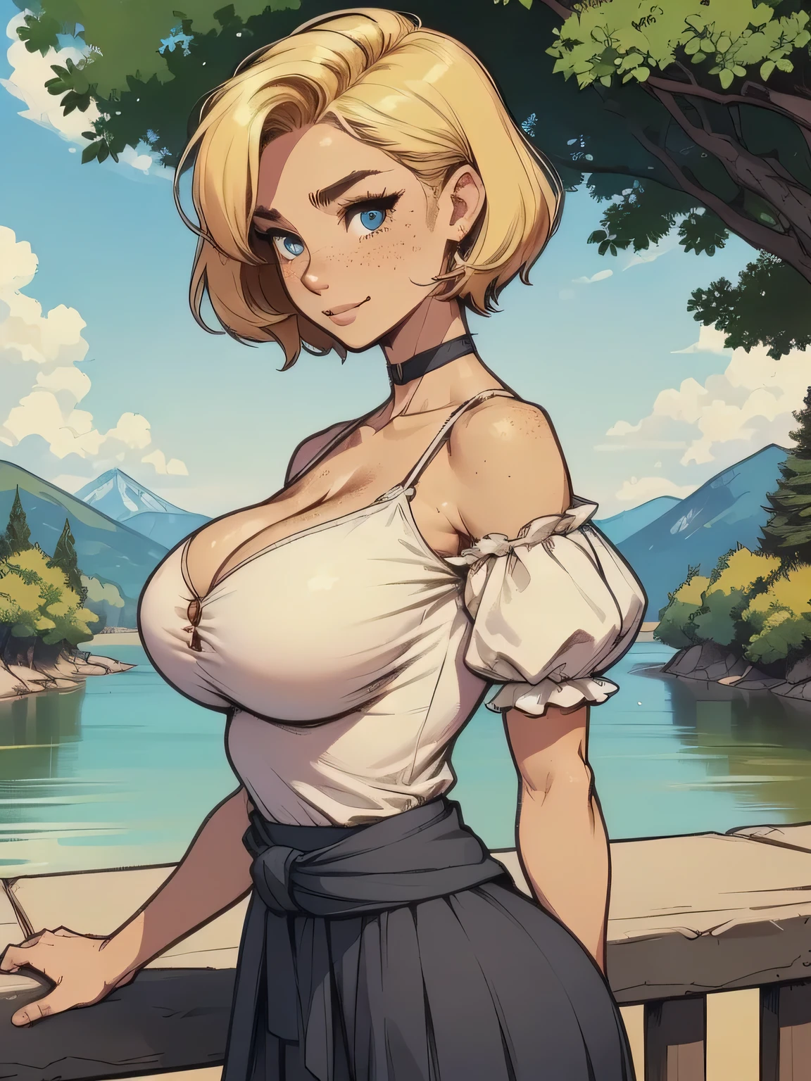 ( linhas absurdas, high definition, ultra fino, be careful with your hand ) Close-up of a thin woman, busty and athletic (secretary), 25 anos, 16k (( high definition )), sorriso lindo, olhar sedutor (( looking at the spectator )), olhos castanhos, secretary usando uma camisa rosa (( gola italiana, puffy short sleeves )), cintura fina, black belt on a discreet pleated skirt, arms on the sides of her body, pele branca, (( short blond hair , at shoulder height )), She is alone on a bridge over a river (( upper body, From waist to head, side view 3.4 )), with freckles on the neck and , (( grandes, redondos e suados 3.4 )), (( Well defined collarbone )). estilo cartoon (( QG )), forest and sunset in the background.