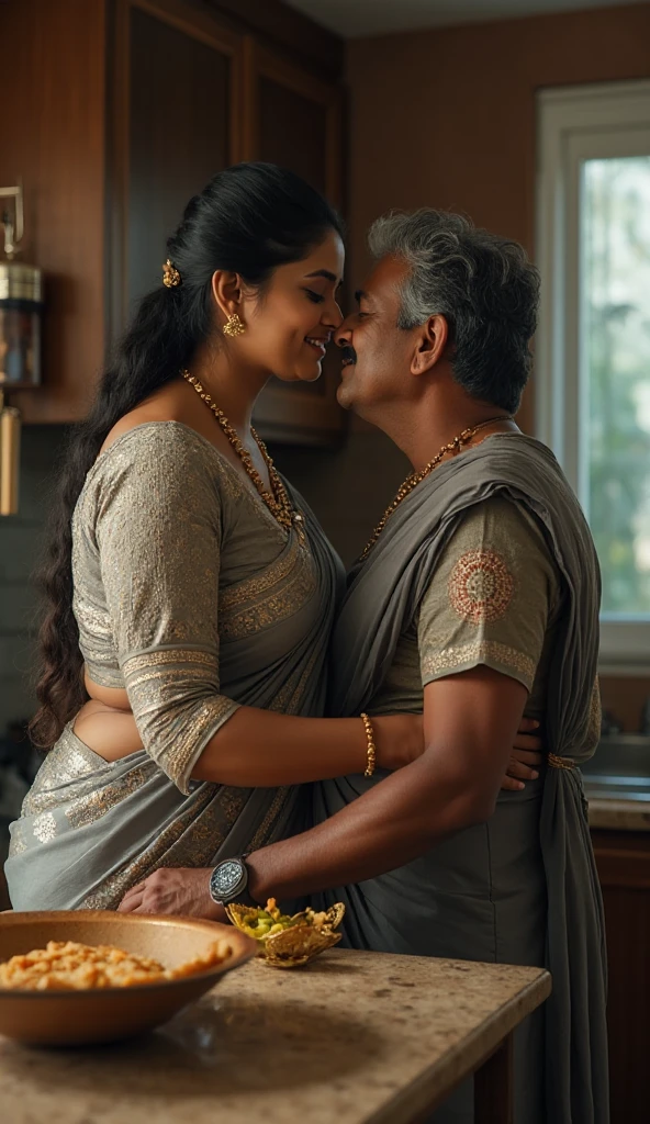 A radiant, full-figured plus sized South Indian 45 year old  bride wearing a off white colour silky saree affectionately standing hugging and kissing a 23 year old man in a bed room, , captured in a full-body image with vibrant hues and meticulous details. Full body image