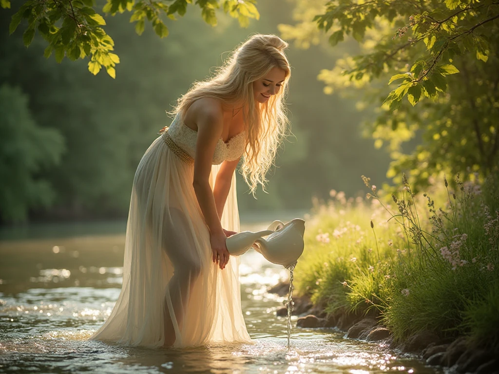 A serene lakeside scene featuring a graceful, knowledgeable English woman with Classic long blonde wavy hair, deeply engaged in the act of painting and drawing. Her elegant attire complements the picturesque setting, with the gentle sway of leaves reflecting on the water's surface. Her canvas is adorned with vibrant hues and intricate details, capturing the essence of nature. The background is a harmonious blend of lush greenery and a tranquil blue sky, softly blurred to accentuate the focus on her creative process. High-resolution, impressionist style, natural lighting, soft bokeh effect, intricate brushstrokes, serene ambiance, artistic composition, evocative and inspiring with the golden early morning sun.