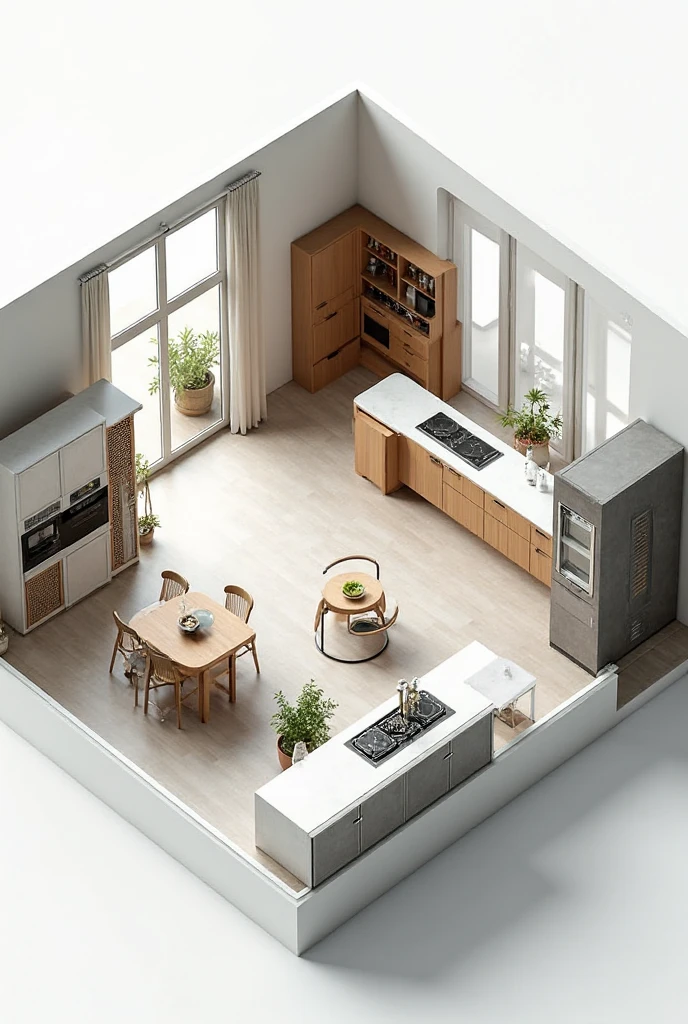 Isometric 3D render of an open concept apartment with kitchen - SeaArt AI