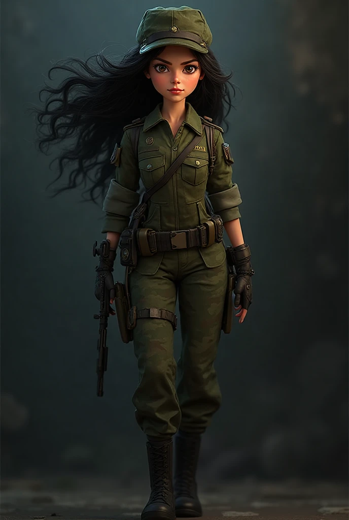 (Best quality, 4K, high resolution, masterpiece:1.2), (ultra-detailed, photo-realistic:1.37), (full-body portrait), 23 years old, Japanese woman, military officer, ambitious, elegance, calm, charming, intimidate, (dark brunette hair), perfect lash, minimal makeup, sun-kissed skin, expressive brown eyes, gloss lips, allure, perfect hourglass body shape, long toned legs, flat abs, perfectly round E cup , very Tall, slim, with peachy , wearing ((Olive green military jacket with elbow patches and silver insignia)), ((Grey undershirt with high collar)), ((Olive green cargo trousers with reinforced knees and utility pockets)), Sturdy leather belt with integrated utility pouches, Rugged all-terrain boots in dark grey, ((Olive green beret with red emblem)), Tactical gloves with enhanced grip, Service ribbons and rank patches, Background featuring military base.
