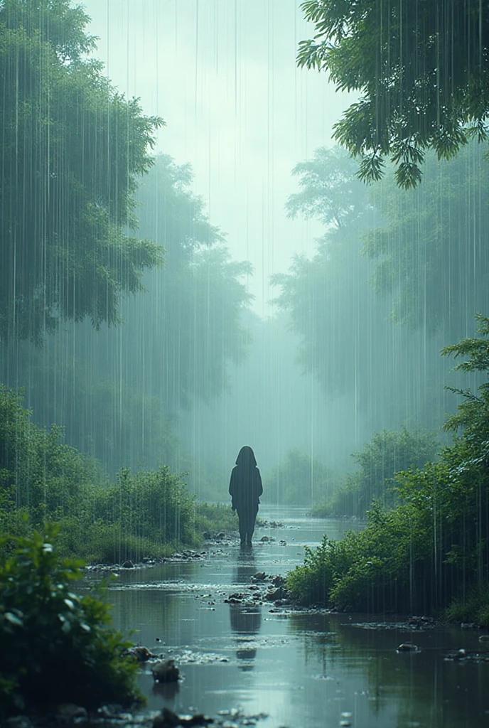 In 3D animation style"The jungle turns dark as rain starts pouring heavily. Animals are seen running in panic as water begins to flood the ground. Rani is calmly looking at the rising water levels"