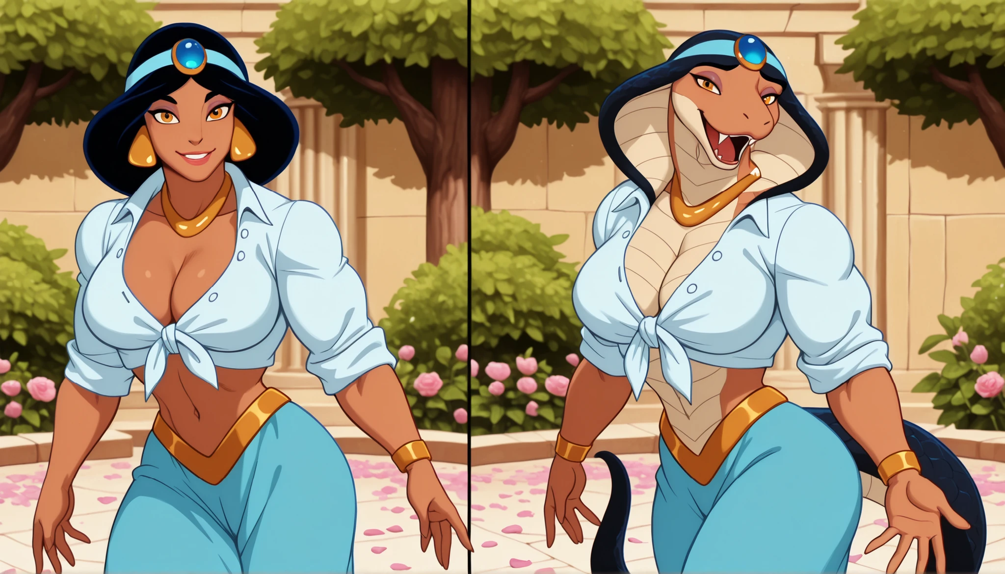 princess Jasmine as anthropomorphic snake warrior princess in a garden, Jasmine, dark skin, yellow eyes, makeup, ((anthro)), (reptile), (Scalie), snake eyes, snake tail, black snake hood, dark skin, fangs, ((blue circlet)), golden necklace, golden earrings, bracelets, (light blue button down shirt), collarbone, ((cleavage)), ((unbuttoned shirt)), ((rolled up sleeves)), ((front knot midriff)), (knotted shirt), (blue pants), golden belt, sassy, (smile), erect nipples, (anime screencap:1.2), (1girl), hyper muscle woman, (huge muscles), ((masterpiece)), best quality, realistic, concept art, round breasts, (front lit), looking at viewer, (Aladdin), Agrabah palace, (bright colors), luxurious palace, lush vegetation, trees, flowers, petals, ((sexy pose)), ((tilted head))