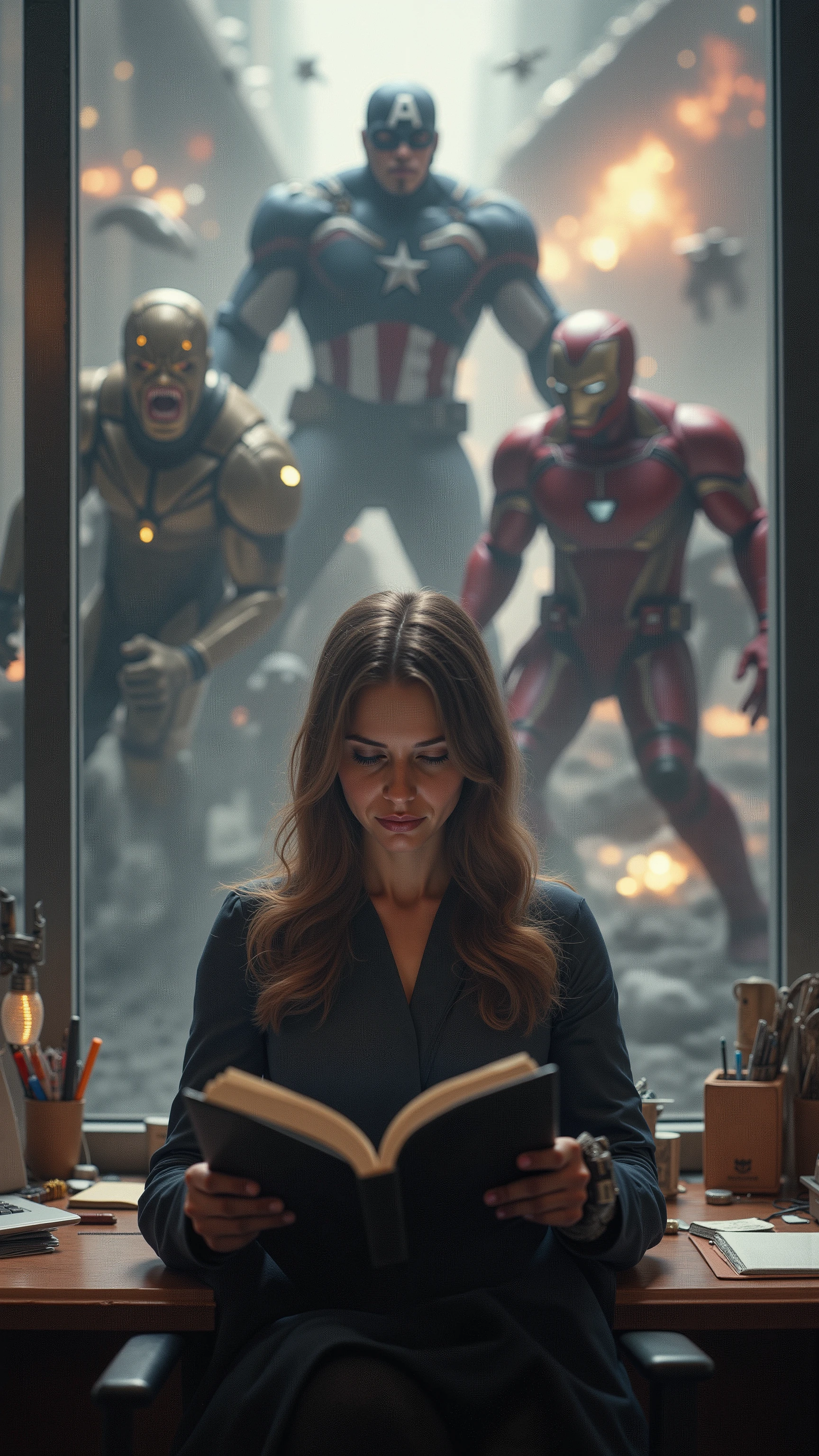 high-definition images、Next to a woman reading a book at her desk、Avengers line up and fight enemy monsters next to a woman reading a book at her desk, but the woman doesn't care