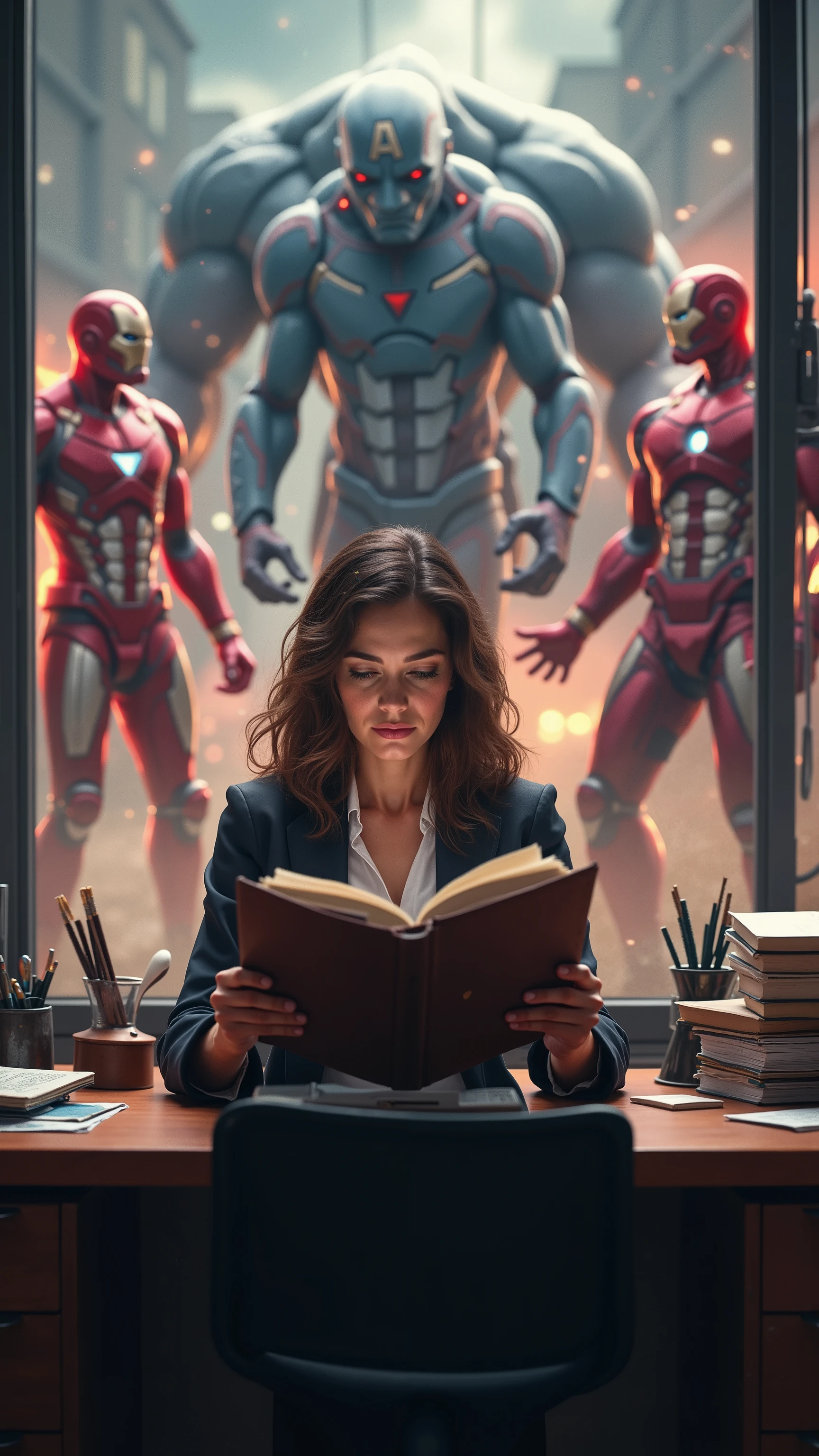 high-definition images、机で本を読んでる女性の横で、Avengers line up and fight enemy monsters next to a woman reading a book at her desk, but the woman doesn't care